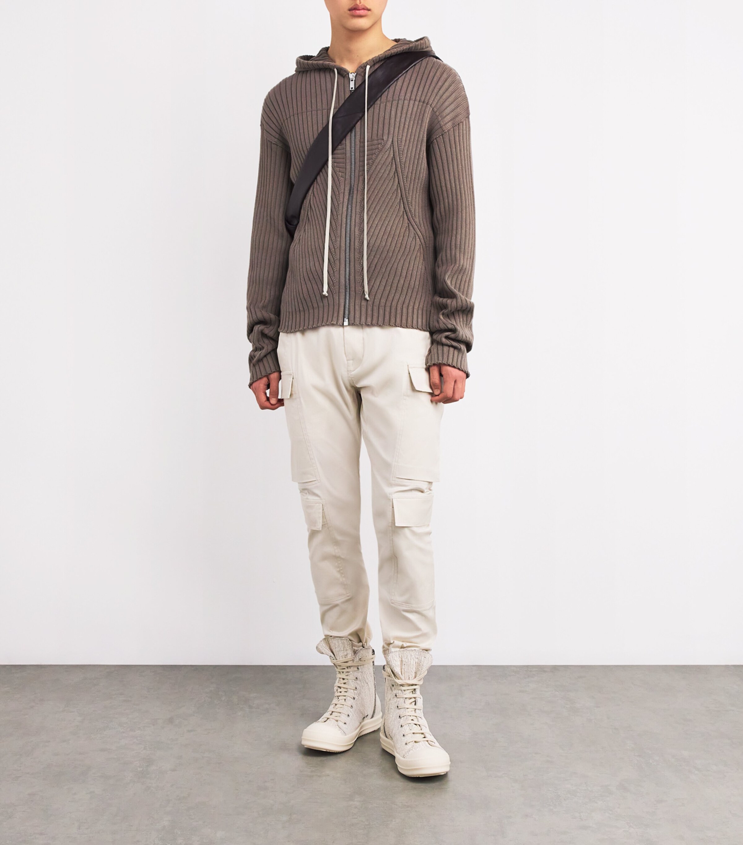 Rick Owens Beige Ribbed Zip-Up Hoodie | Harrods US