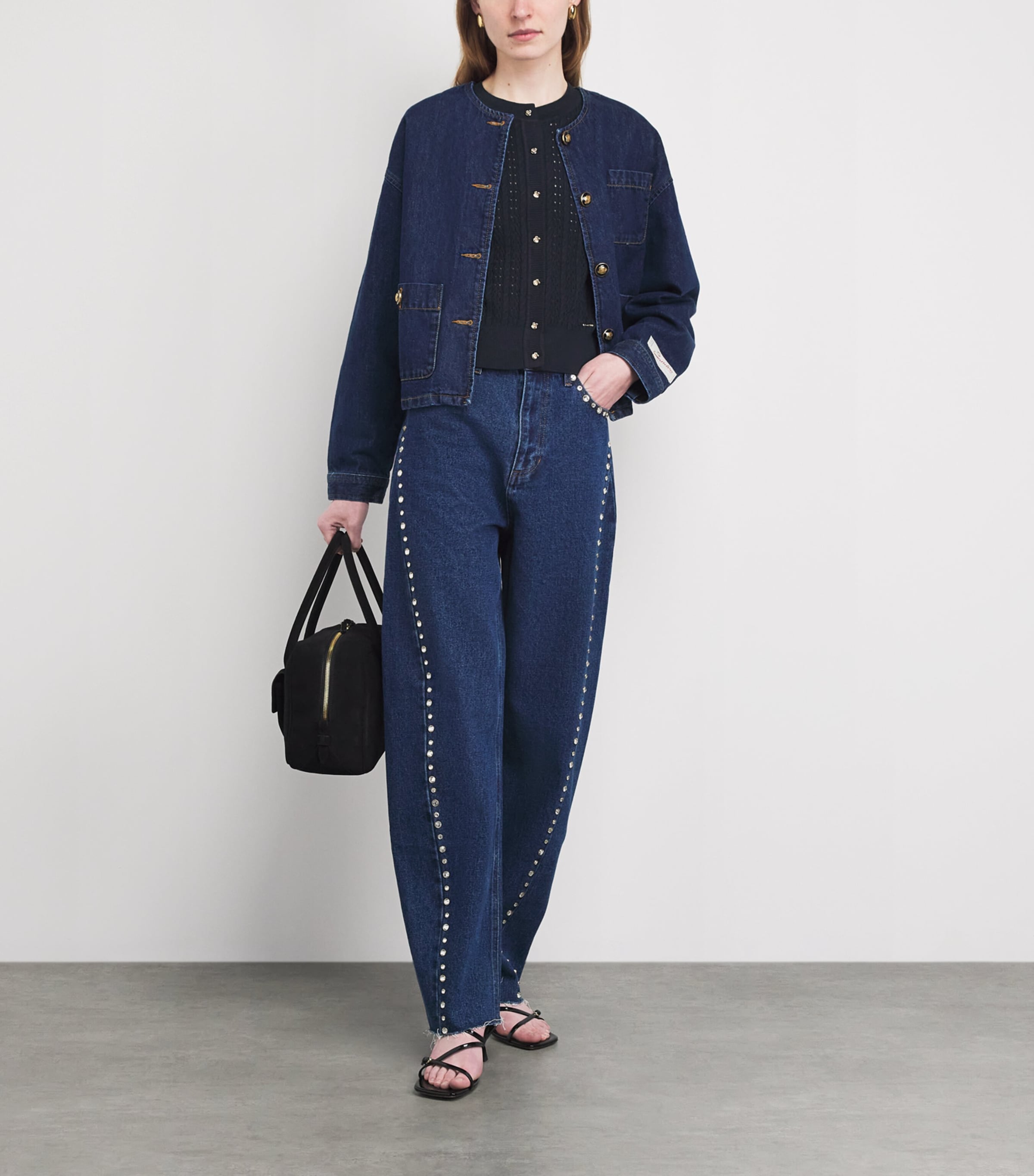 Sandro Paris Womens Cropped Openwork Cardigan Navy Blue Image 2