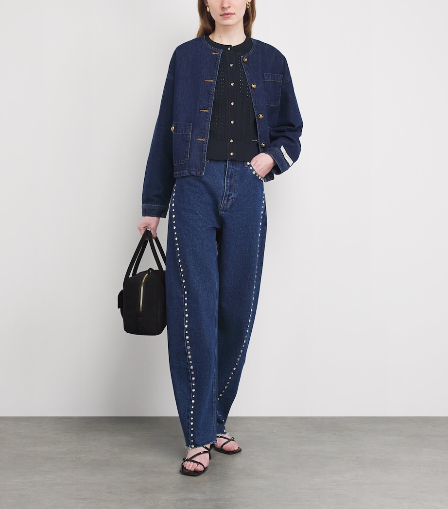 Sandro Paris Womens Cropped Openwork Cardigan Navy Blue Image 2