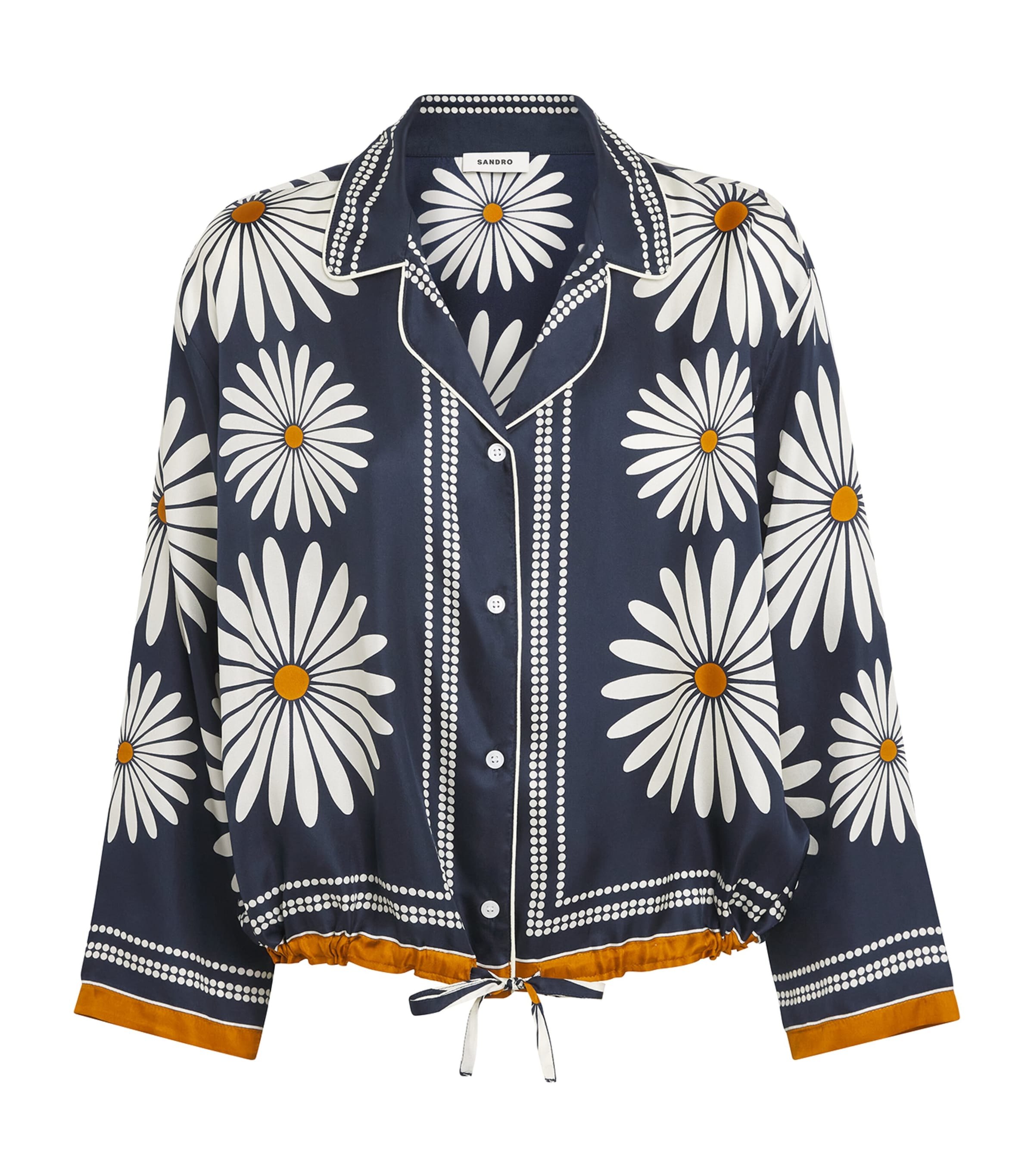 Sandro Paris Womens Silk Floral Print Shirt Deep Blue / Ocher Image 1
