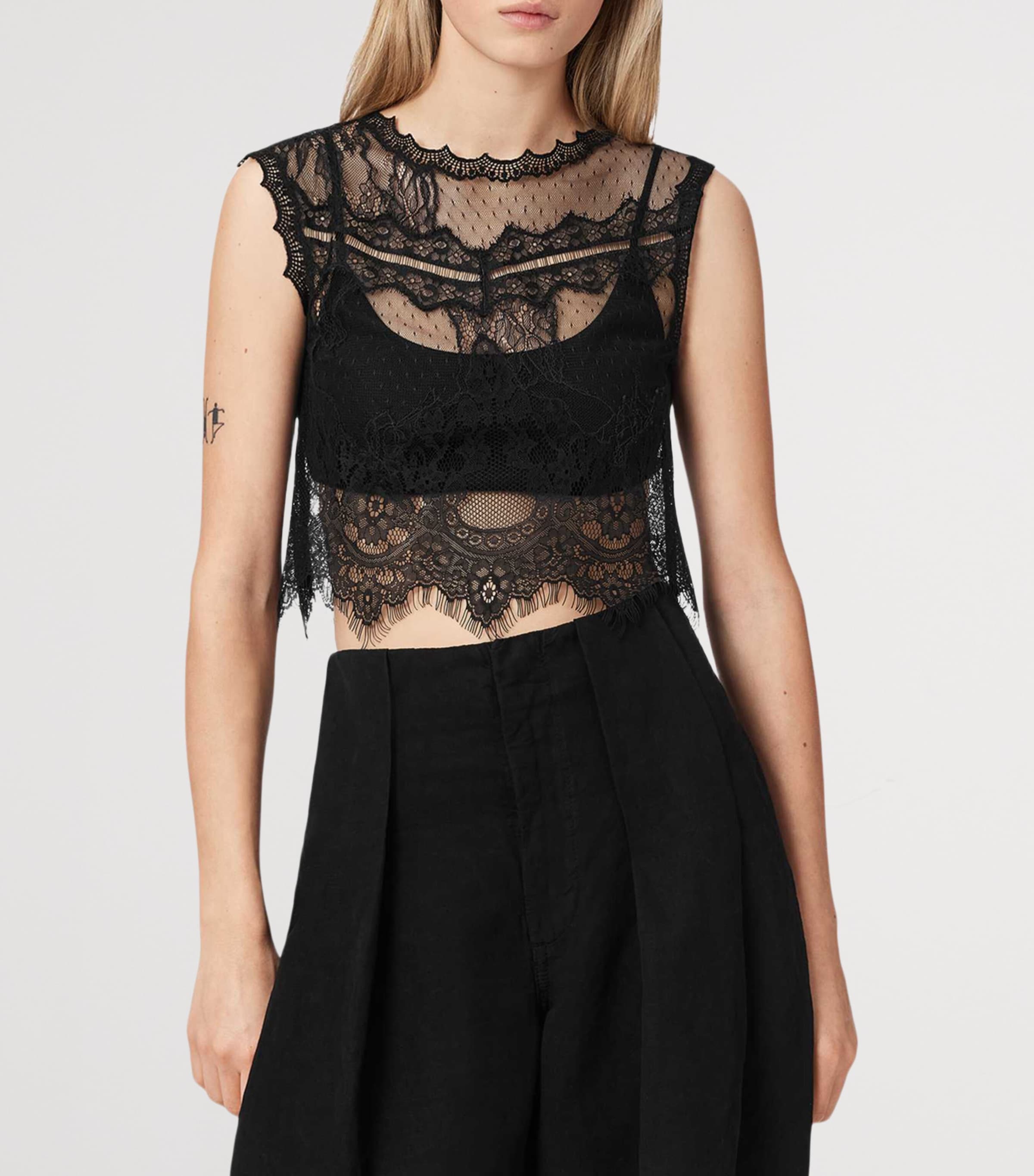 AllSaints Womens Lace Eliza Crop Top Black Image 3