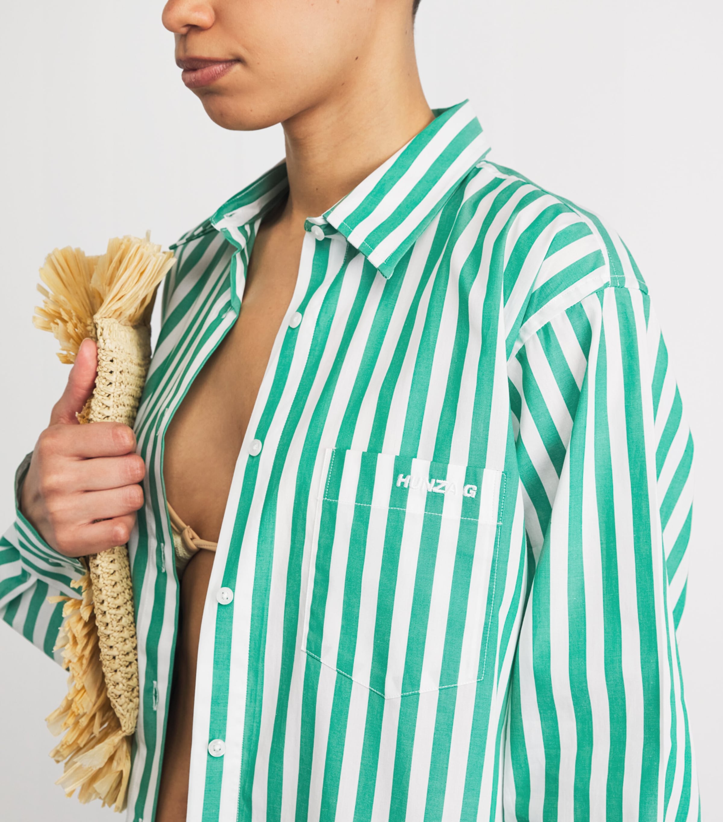 Hunza G Womens Cotton Stripe Cabana Shirt Emerald Image 3