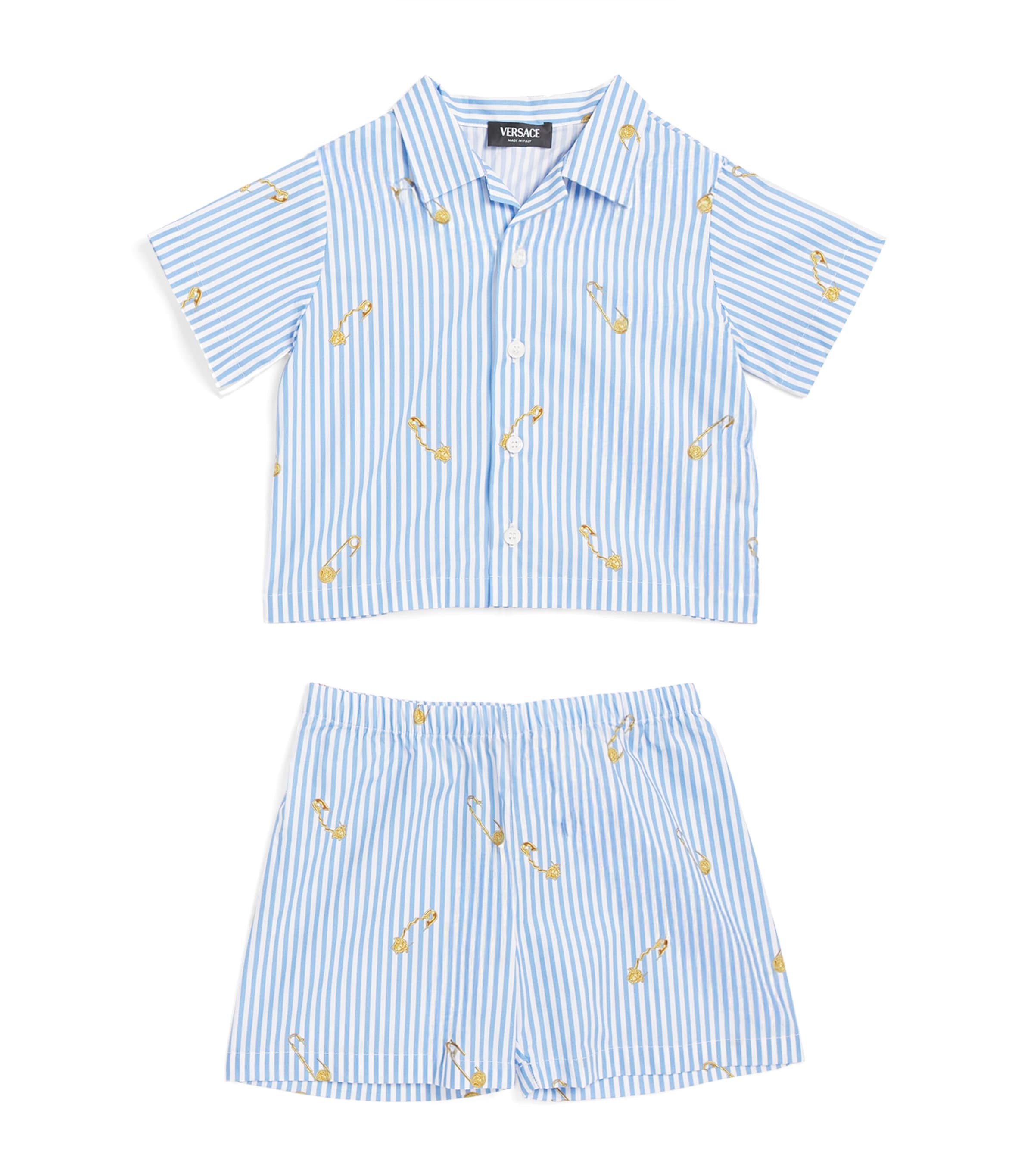 Versace Cotton Stripe Safety Pin Shirt And Shorts Set In Blue