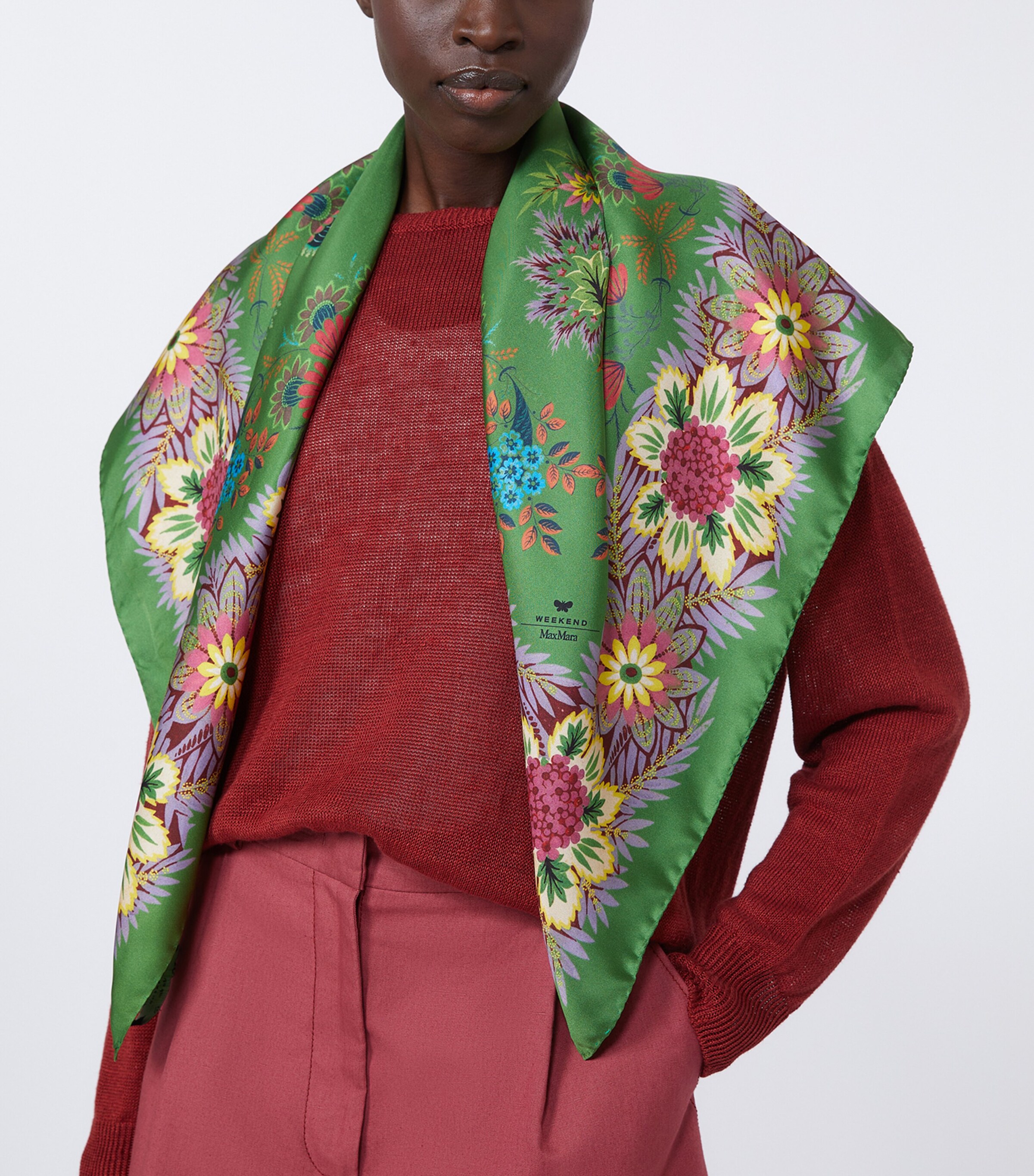 Weekend Max Mara Green Silk Twill Floral Scarf | Harrods UK