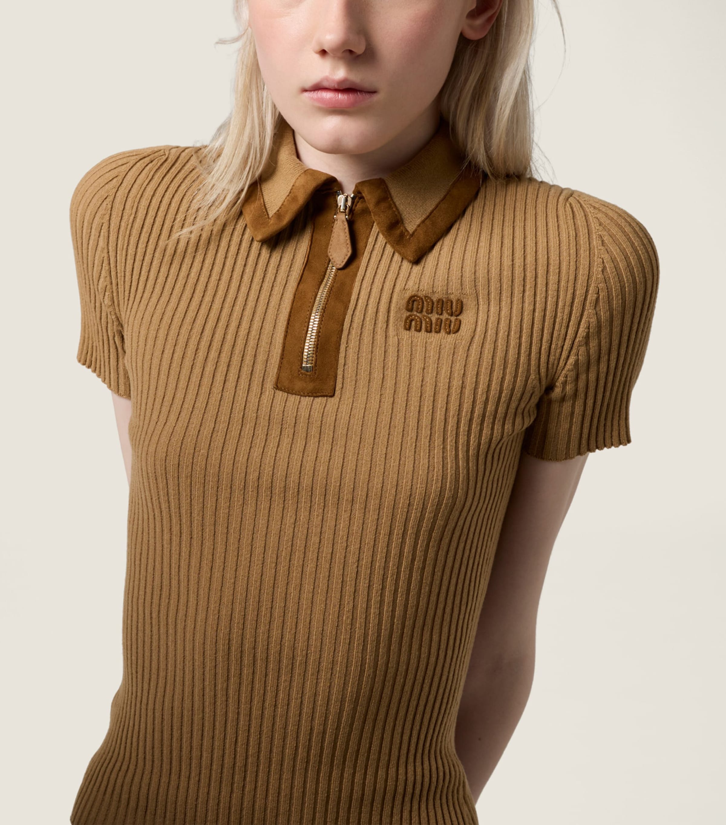 Cashmere-Blend Suede-Trim Ribbed Polo Shirt F0036 Image 4