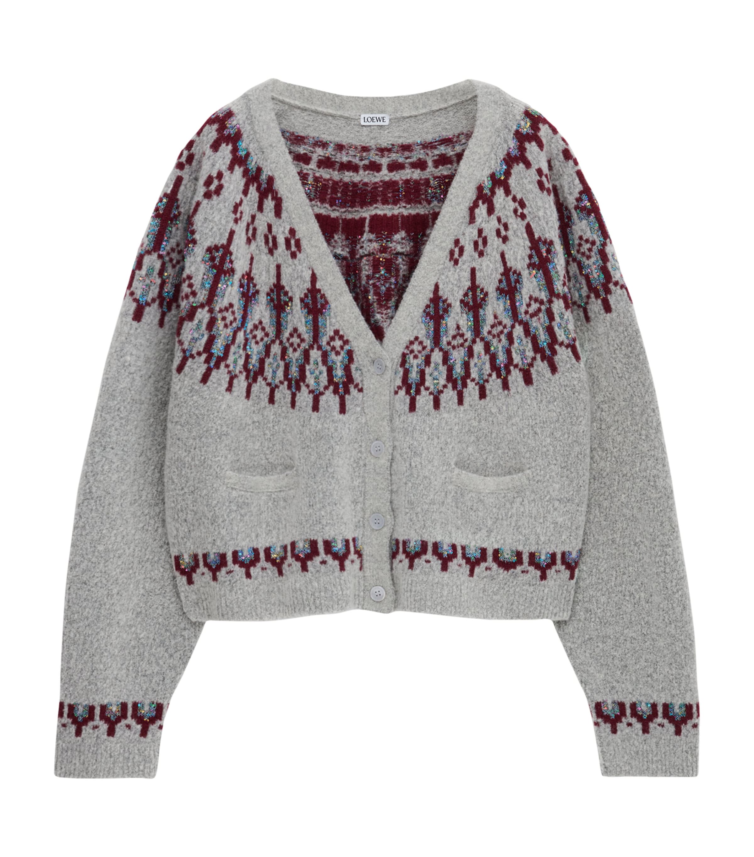 Loewe Wool-blend Fair Isle Sequin Cardigan In Gray