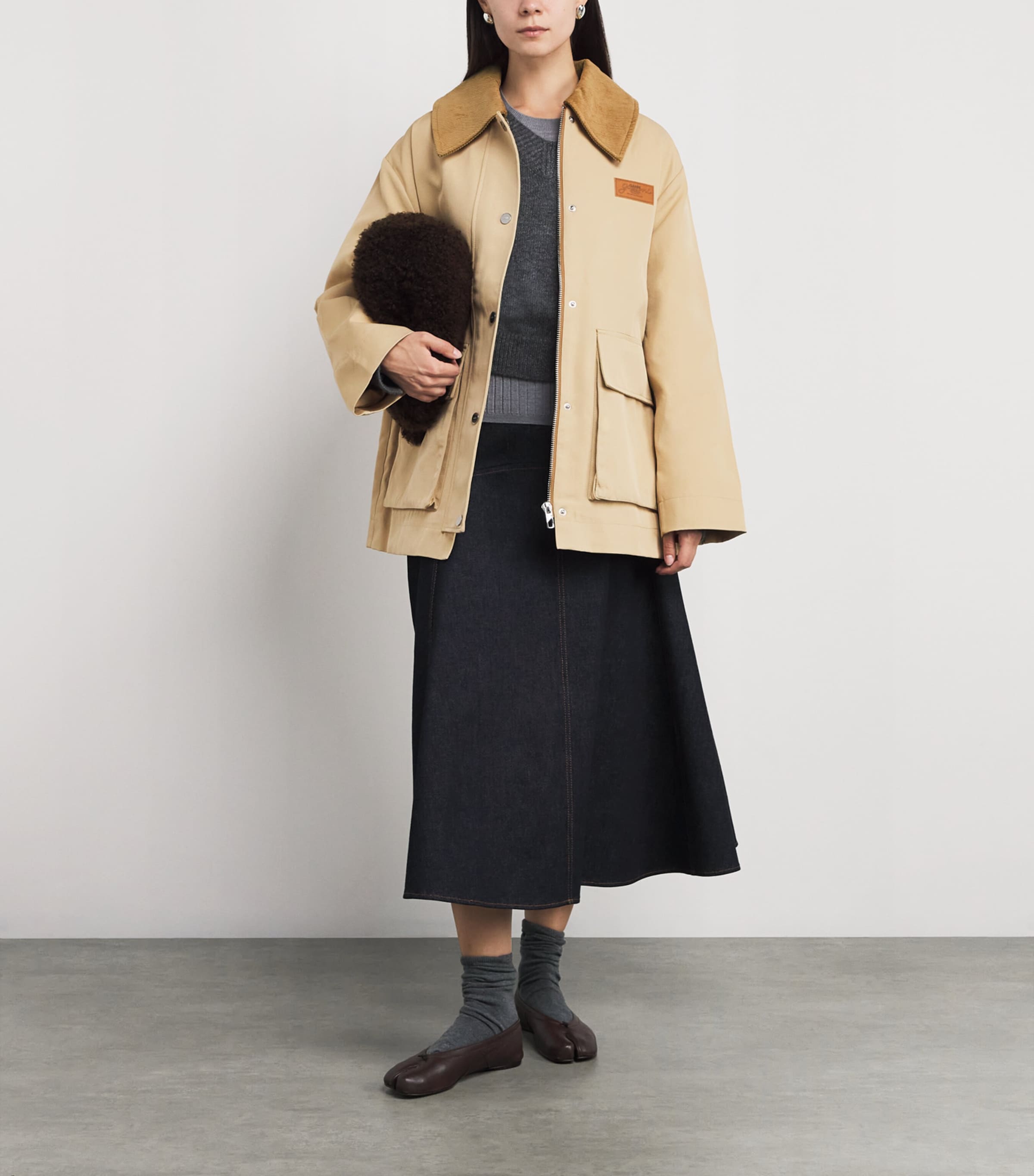 GANNI Beige Woven Twill Midi Jacket | Harrods US