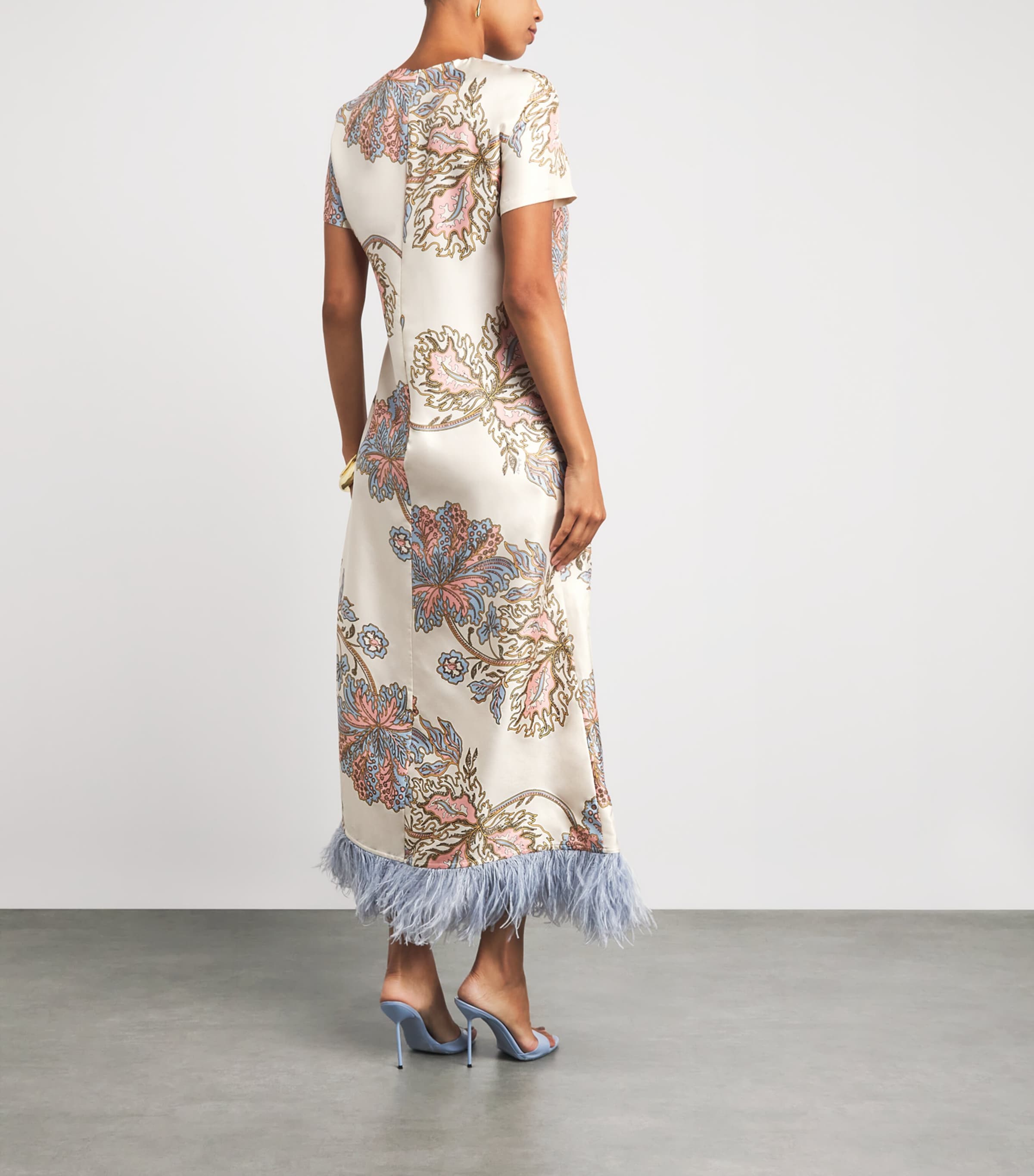 La Doublej Womens Silk Feather-Trim Maxi Swing Dress Swathe Image 4