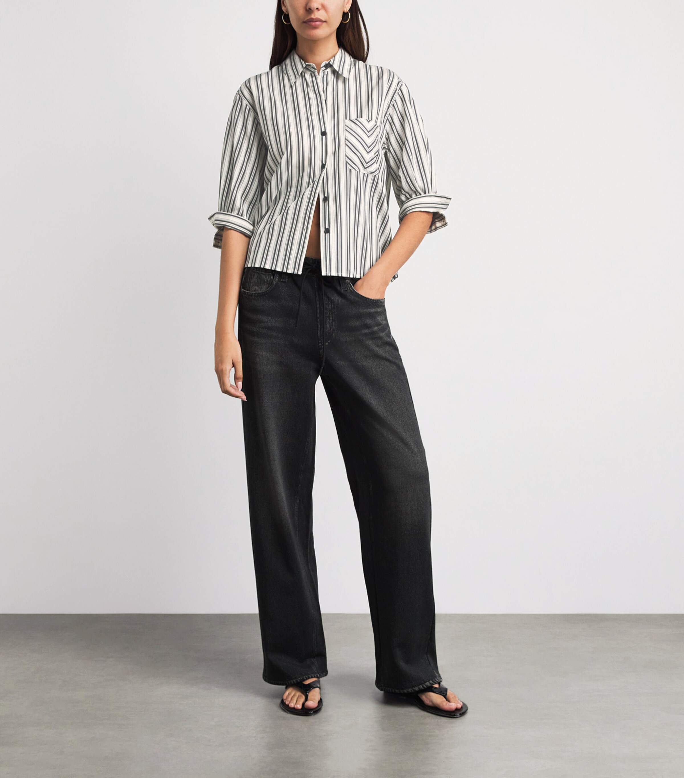 Rag & Bone Womens Cropped-Sleeve Stripe Lucia Shirt Charcstrp Image 3