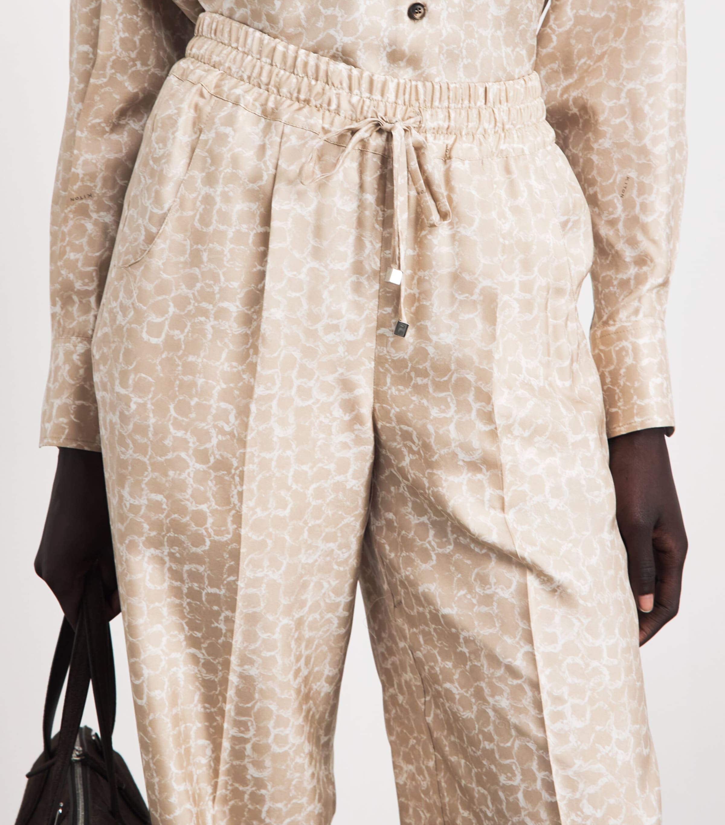 Kiton Womens Silk Printed Pleated Drawstring Trousers Light Beige Print Image 3