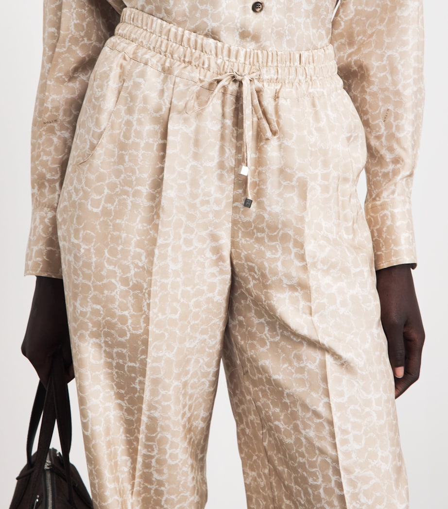 Kiton Womens Silk Printed Pleated Drawstring Trousers Light Beige Print Image 3