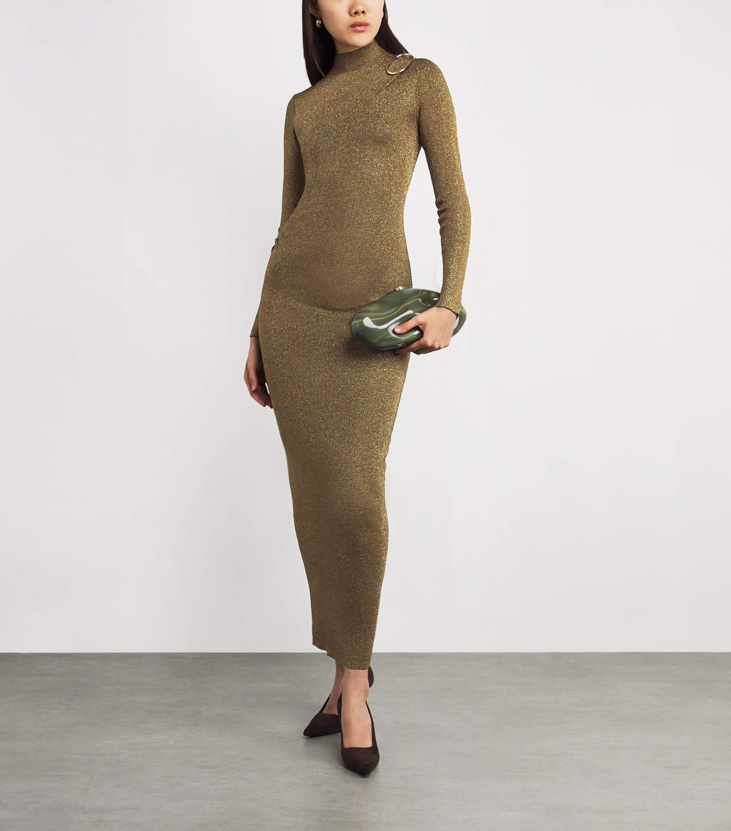 Metallic Knit Draped Maxi Dress KHAKI Image 2
