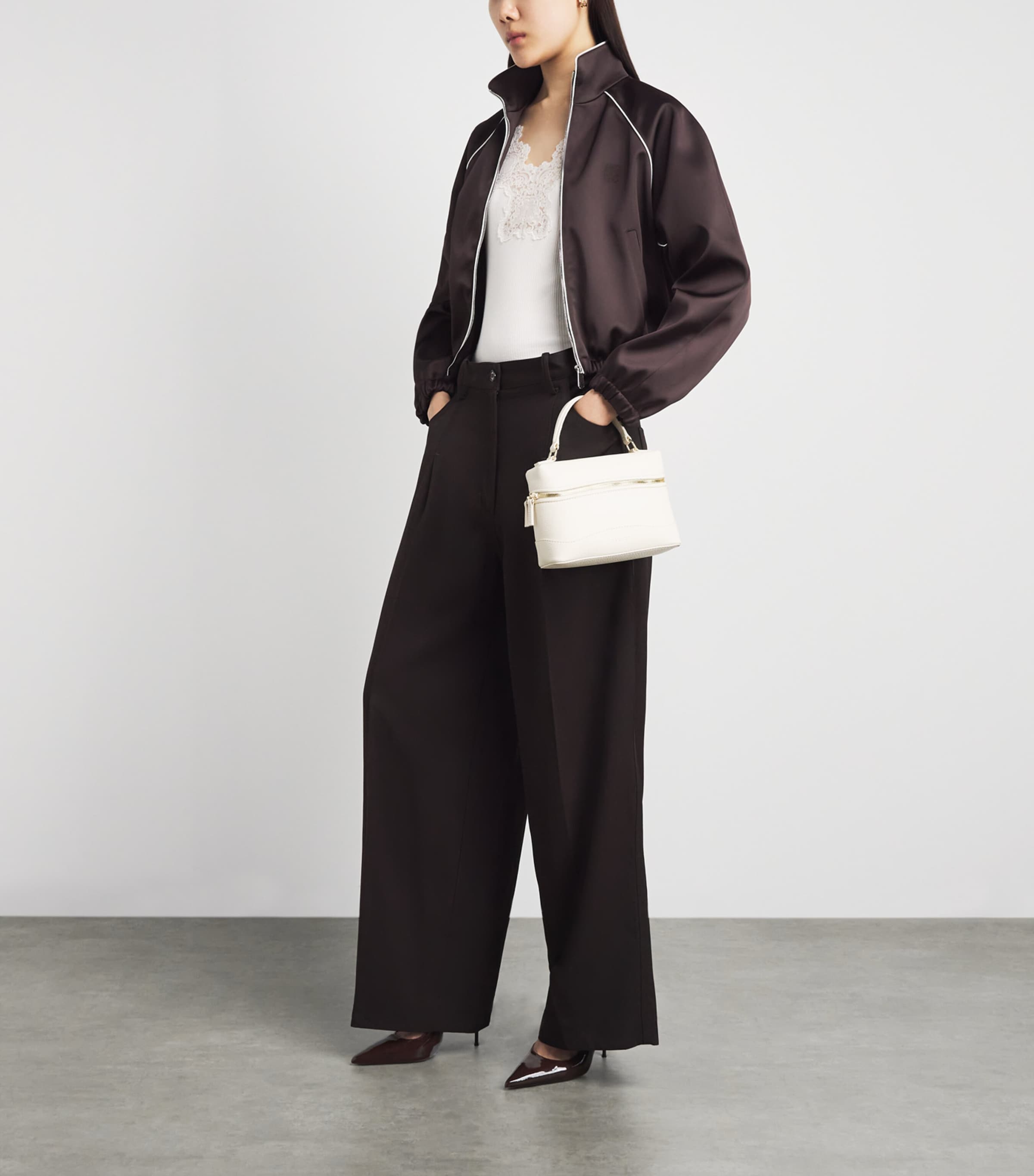 Sandro Paris Womens Satin Cropped Bomber Jacket Brown Image 2