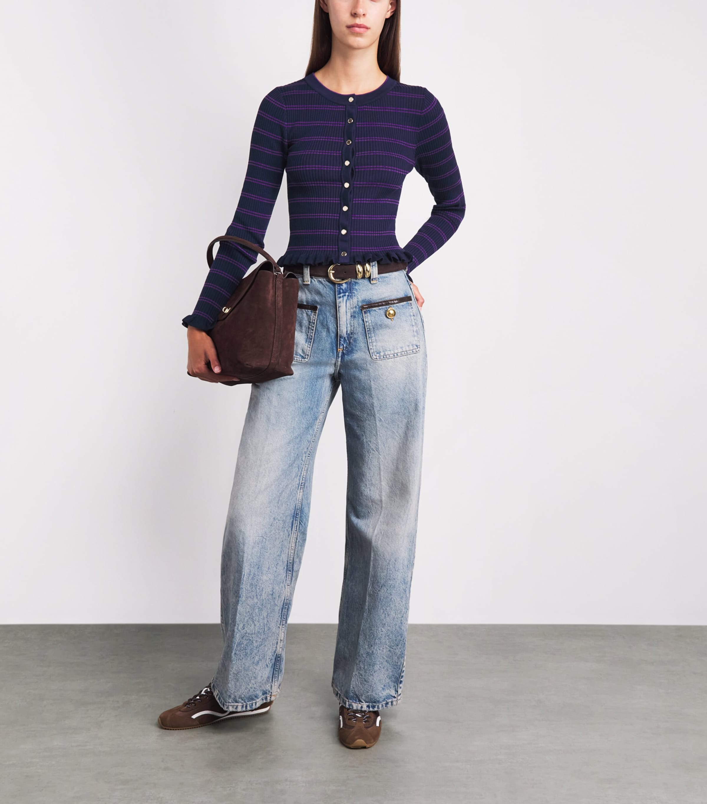 Sandro Paris Womens Knitted Stripe Cardigan Navy / Purple Image 2