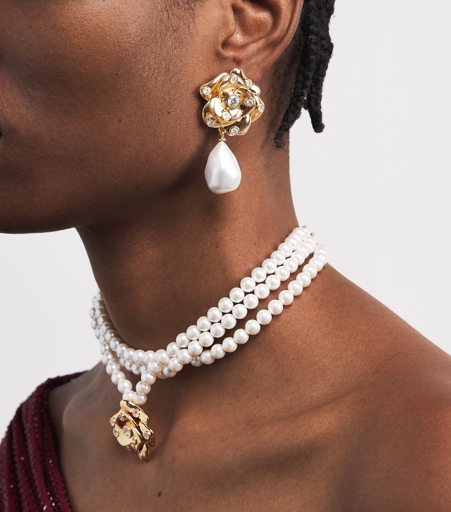 Crystal and Faux Pearl Flower Earrings GOLD Image 2