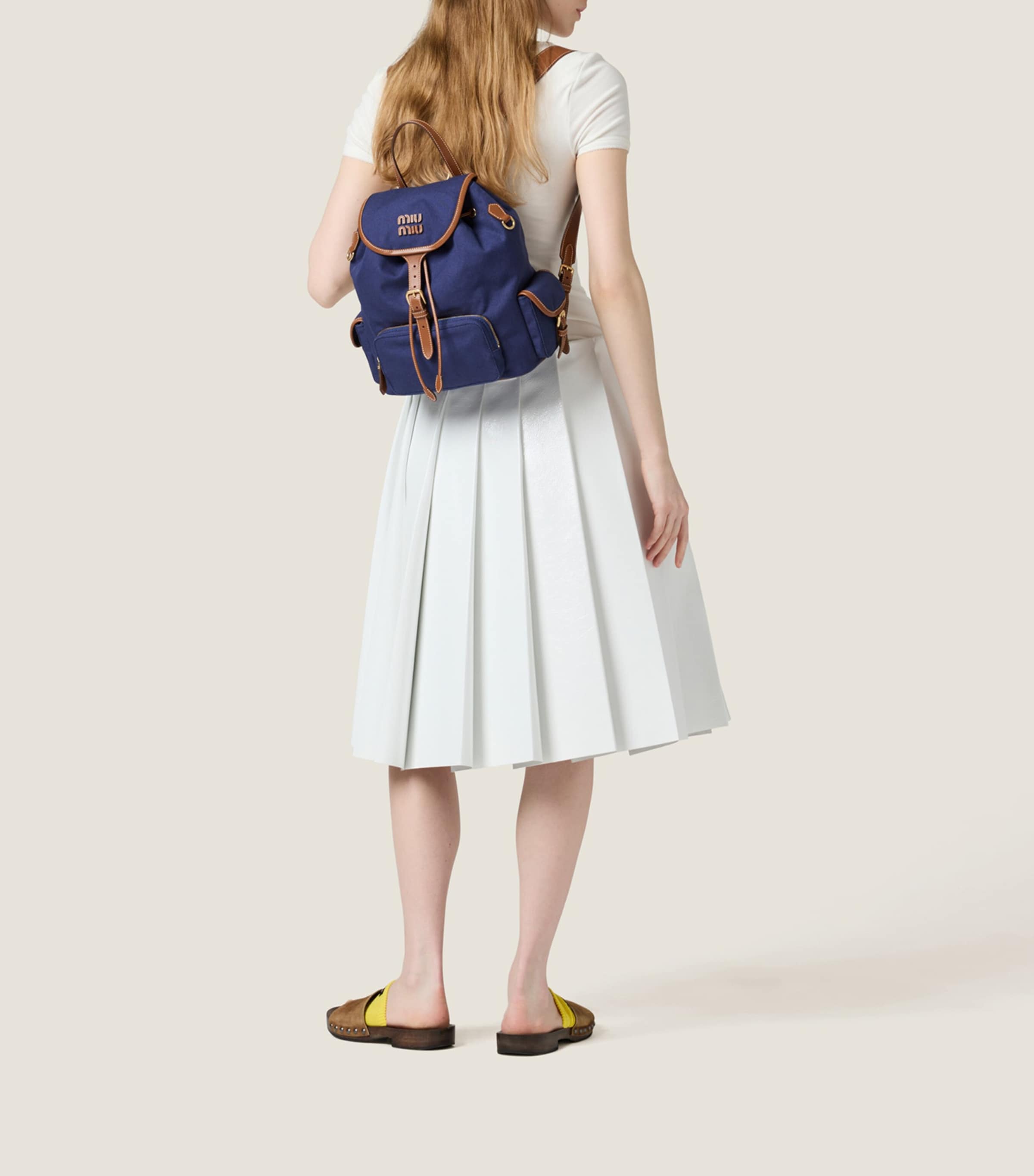 関税込 MiuMiu |Canvas and leather backpack Aluminum/brandy Canvas And Leather Backpack | Miu Miu