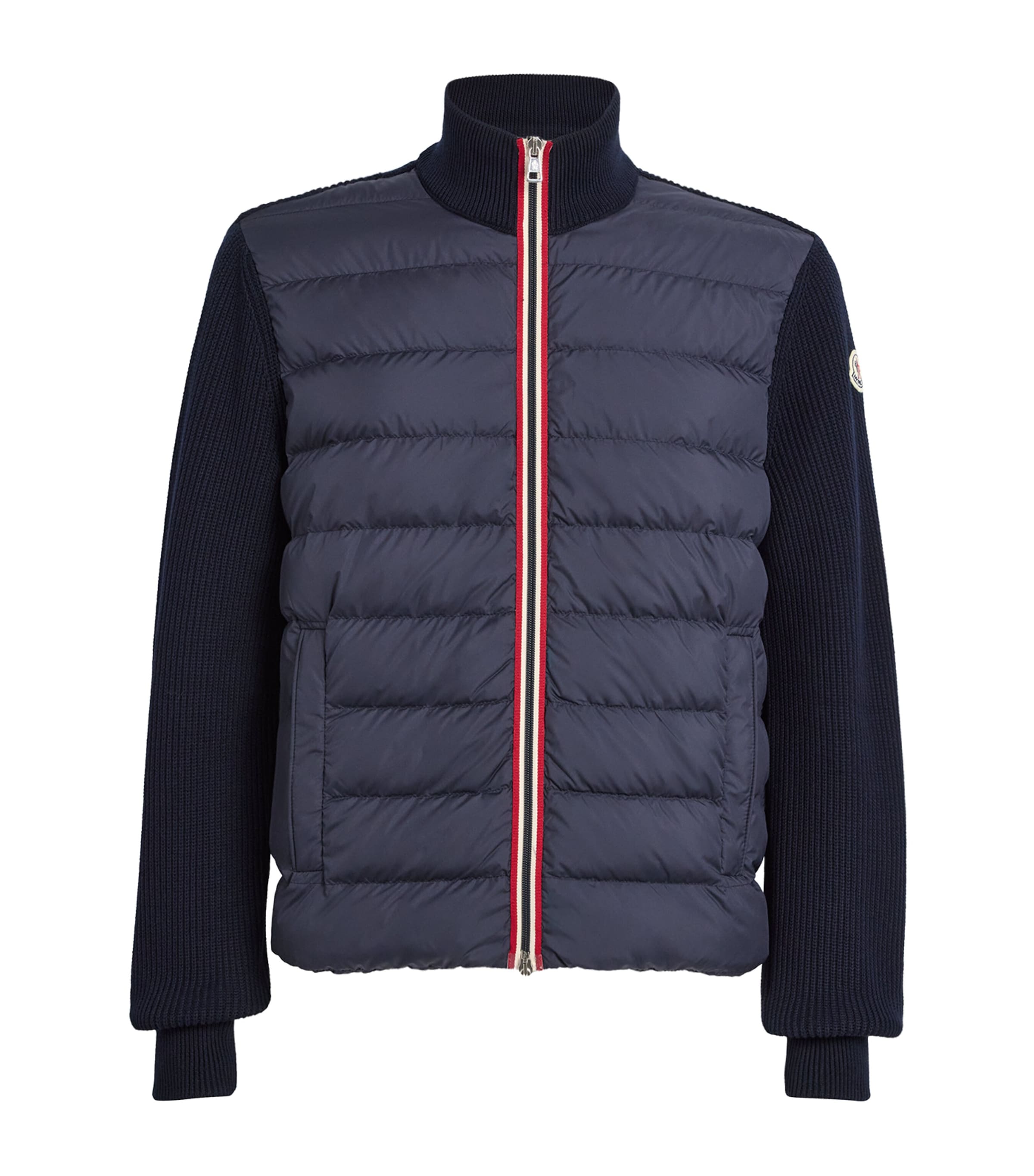 Moncler Padded Front Panel Cardigan With High Collar In Blue
