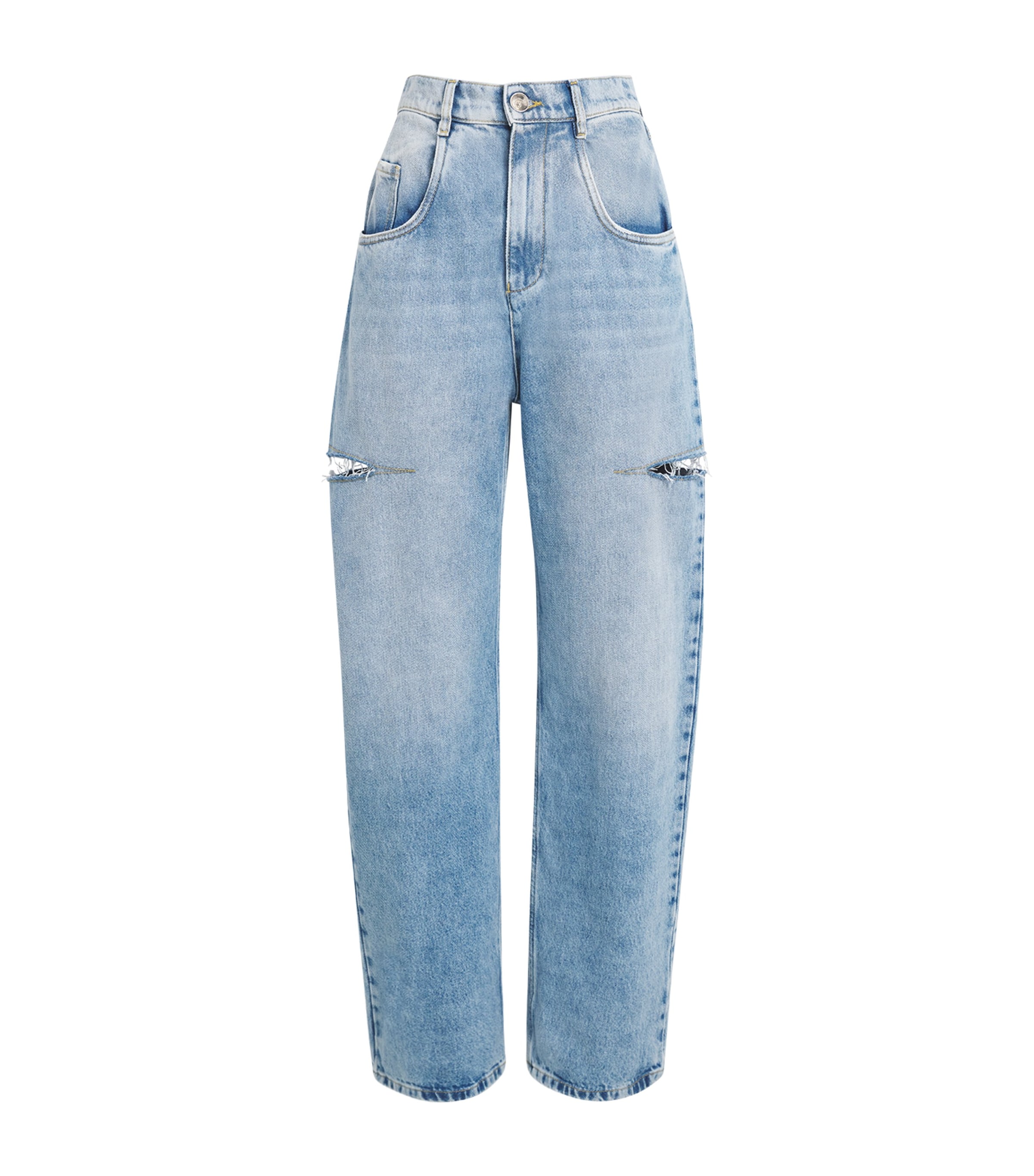 Maison Margiela Light Blue Denim Distressed Straight Leg Jeans With Cut-out In Blue
