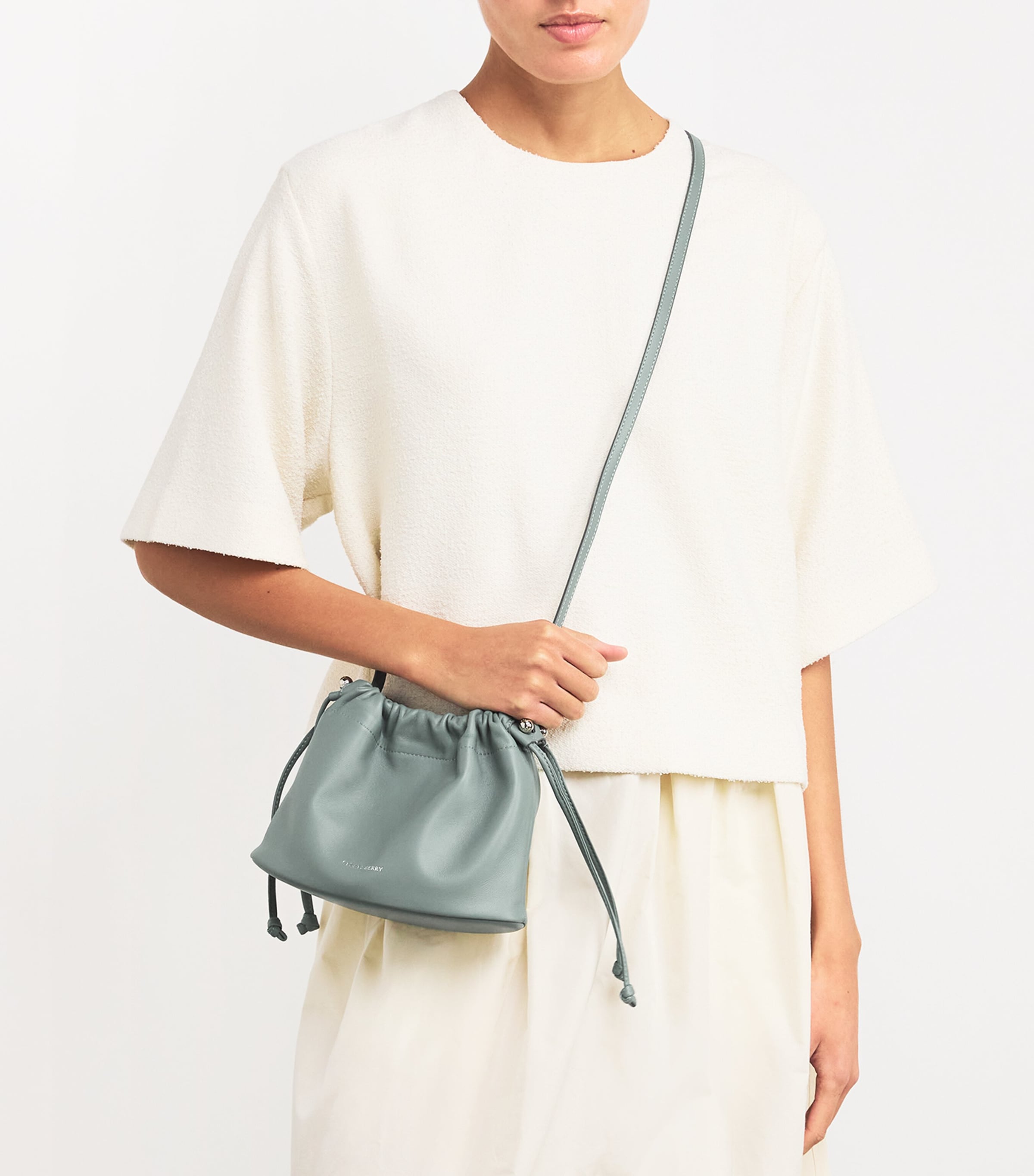 Strathberry Leather Drawstring Charlotte Clutch Bag Stone Blue Image 5