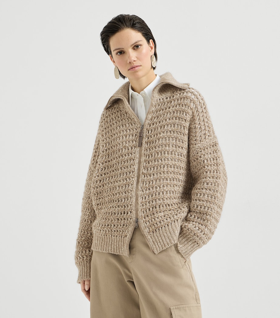 Brunello Cucinelli Womens Wool-Cashmere-Blend Embellished Cardigan Beige+brown Image 2