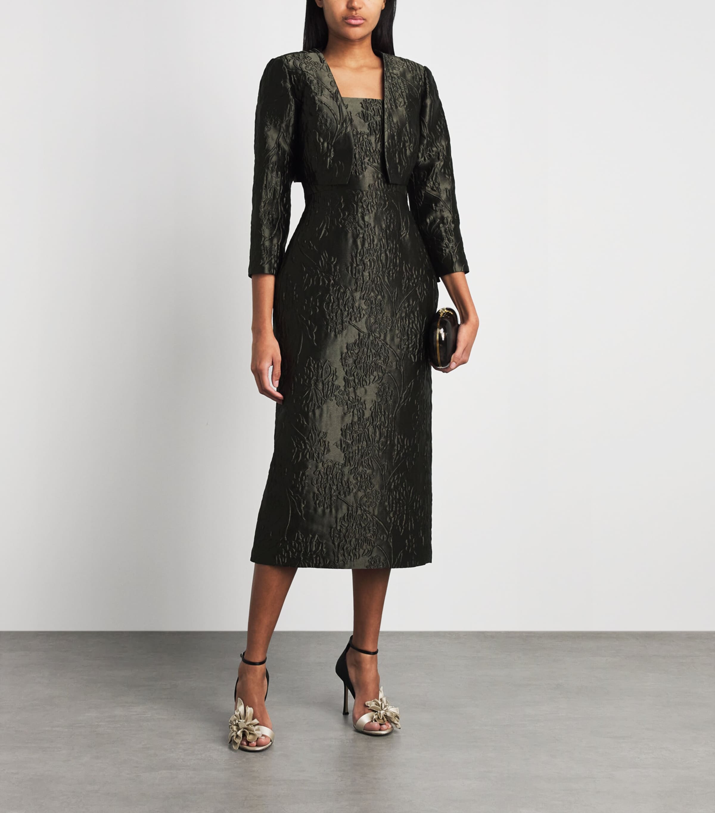 Carolina Herrera Womens Cloqué Floral Cropped Jacket Forest Green Image 2
