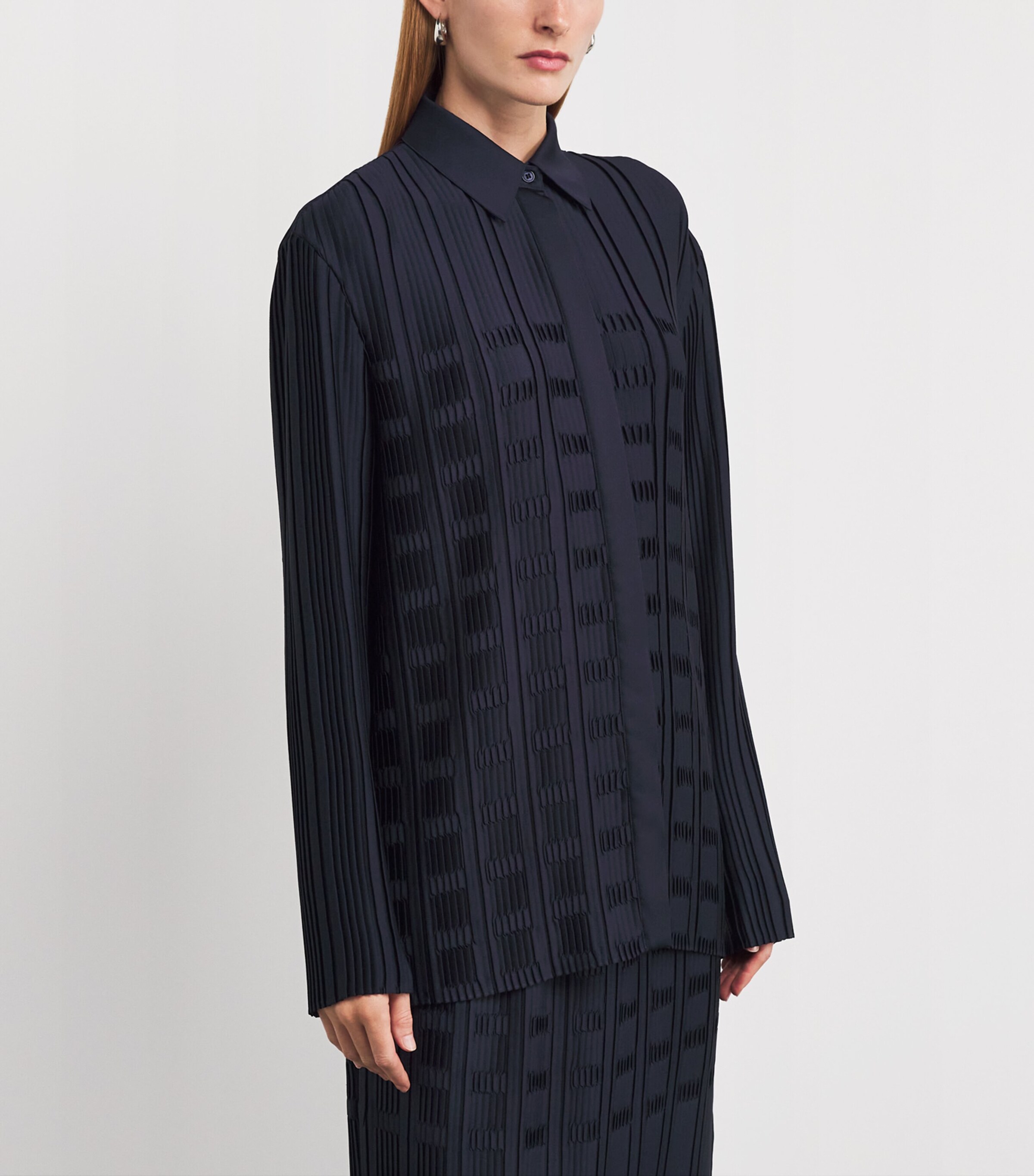Lafayette 148 Womens Basketweave Plissé Blouse Ink Image 3
