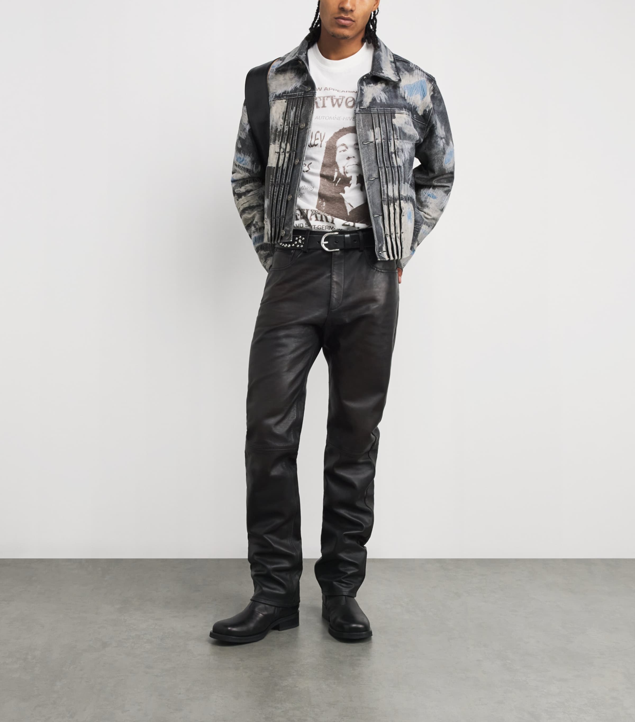 Denim-Effect Trucker Leather Jacket BLUE DENIM TEXTURE Image 2