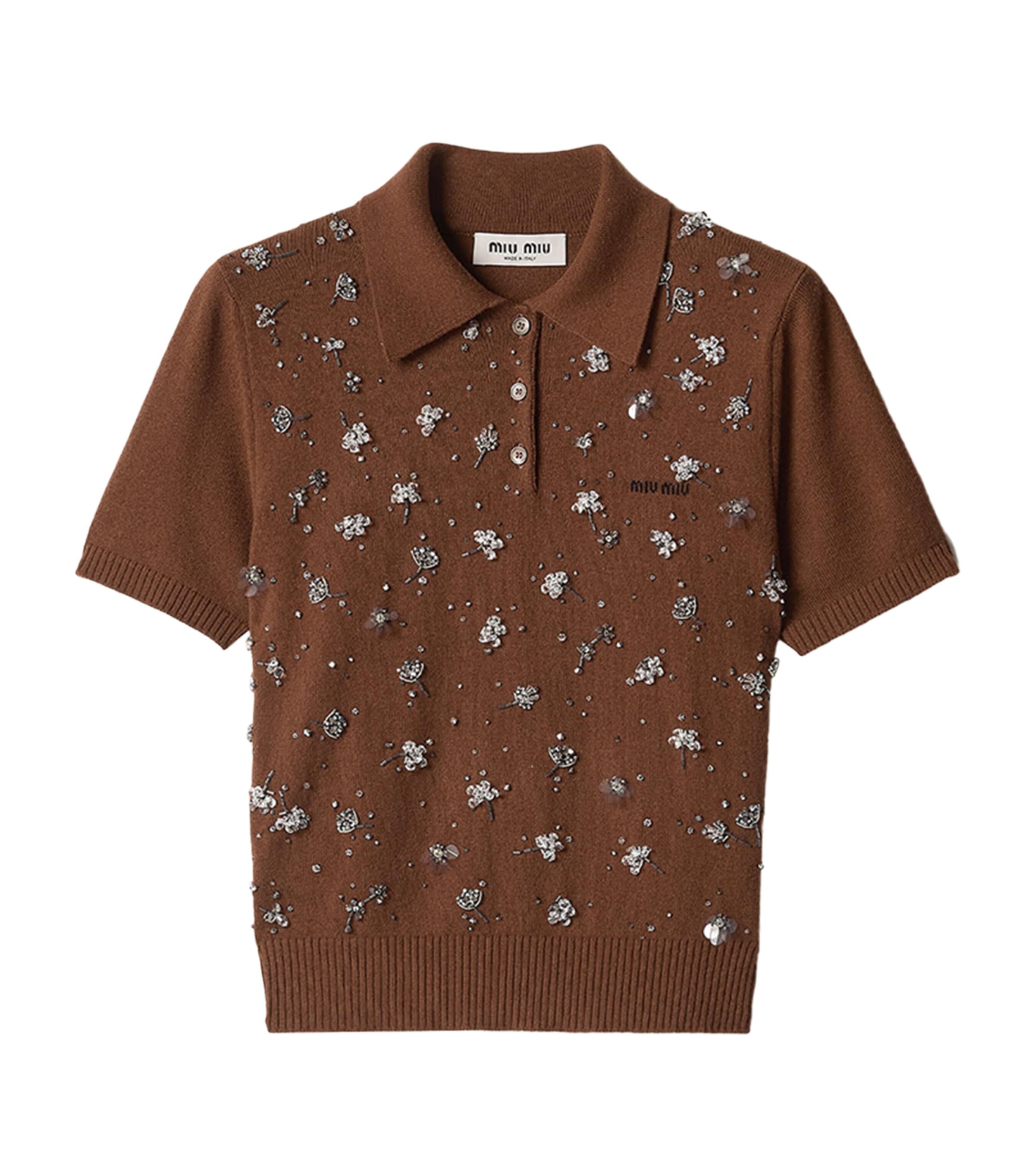 Miu Miu Womens Cashmere Embellished Polo Sweater Image 1