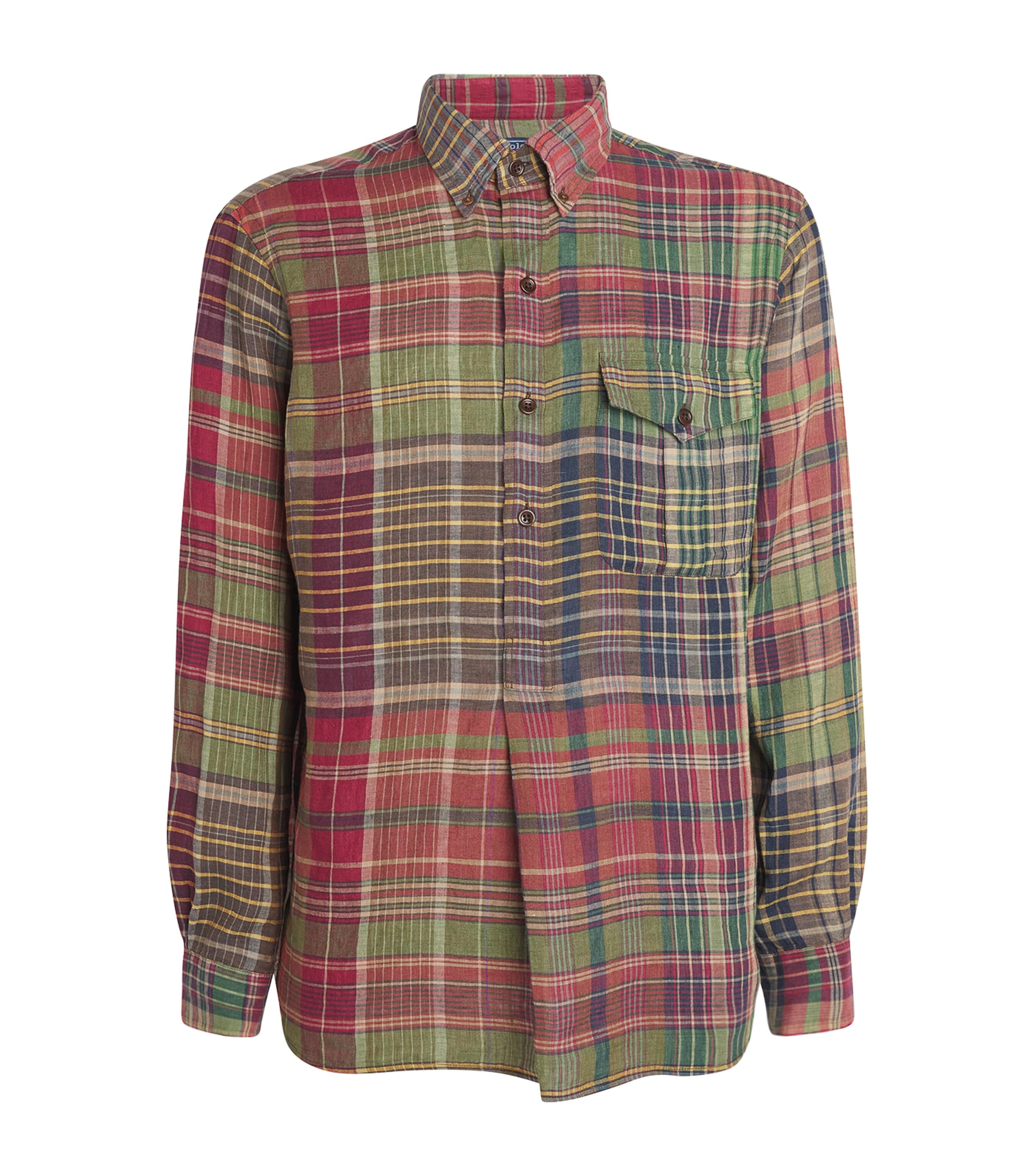 Polo Ralph Lauren Mens Linen Check Half-Placket Shirt Olive Wine Image 1