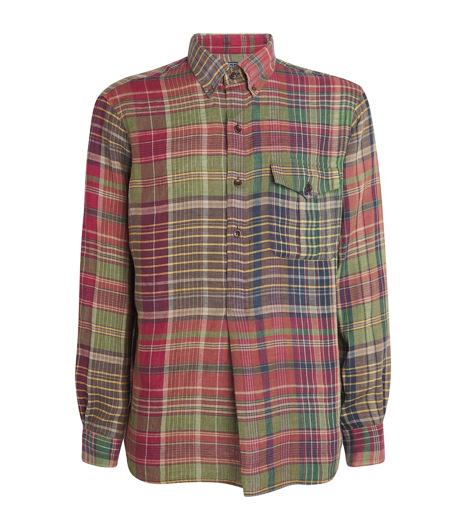Polo Ralph Lauren Mens Linen Check Half-Placket Shirt Olive Wine Image 1