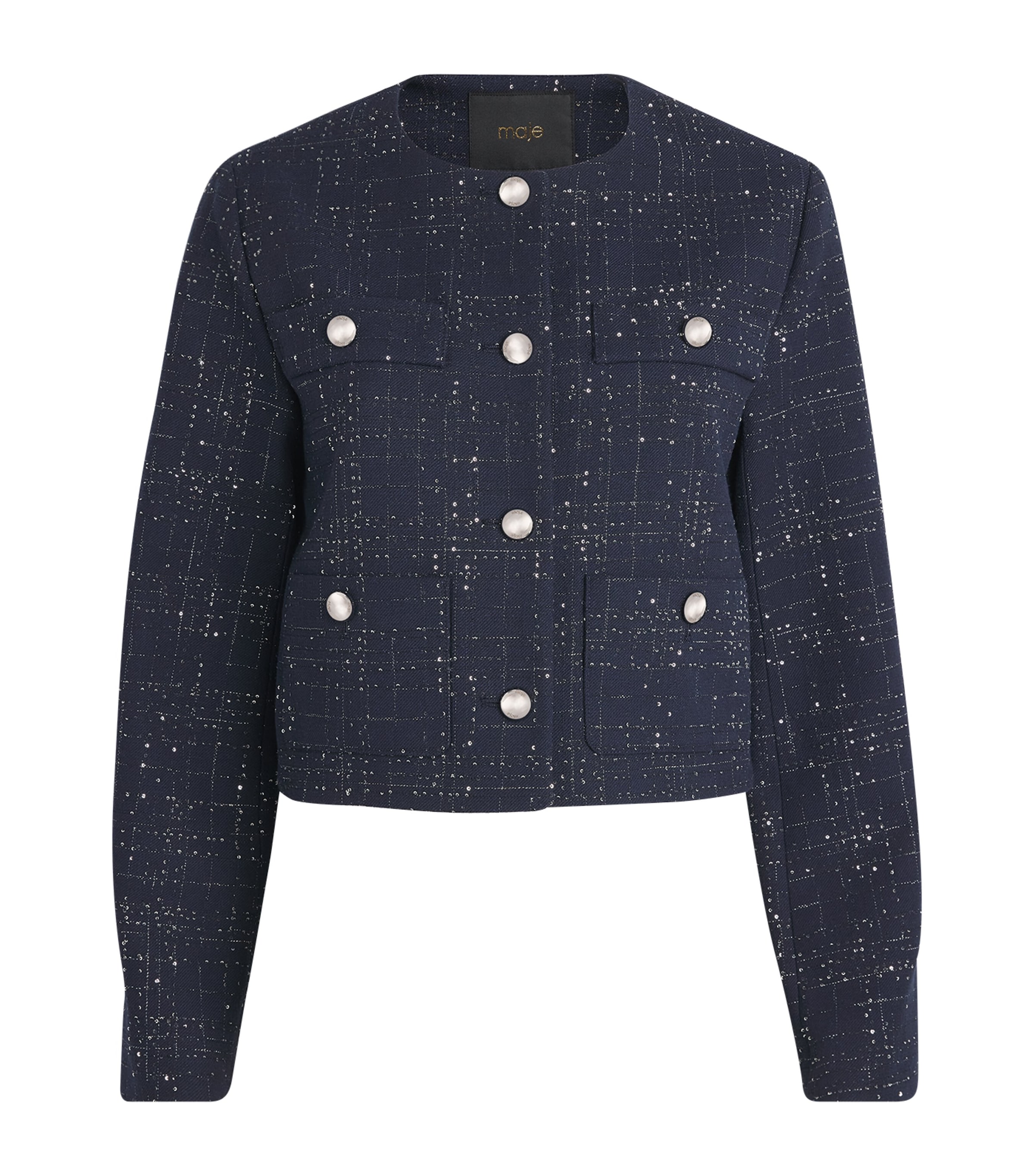 Maje Womens Sequinned Tweed Cropped Jacket Navy Image 1
