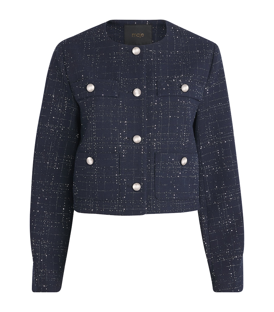 Maje Womens Sequinned Tweed Cropped Jacket Navy Image 1