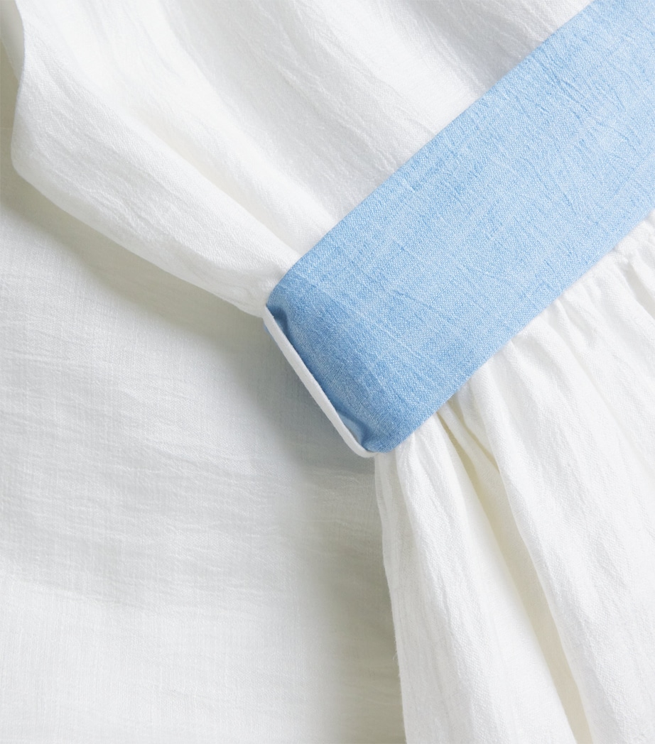 Il Gufo Linen-Blend Bow-Belt Dress (4-12 Years) Milk/light Blue Image 3