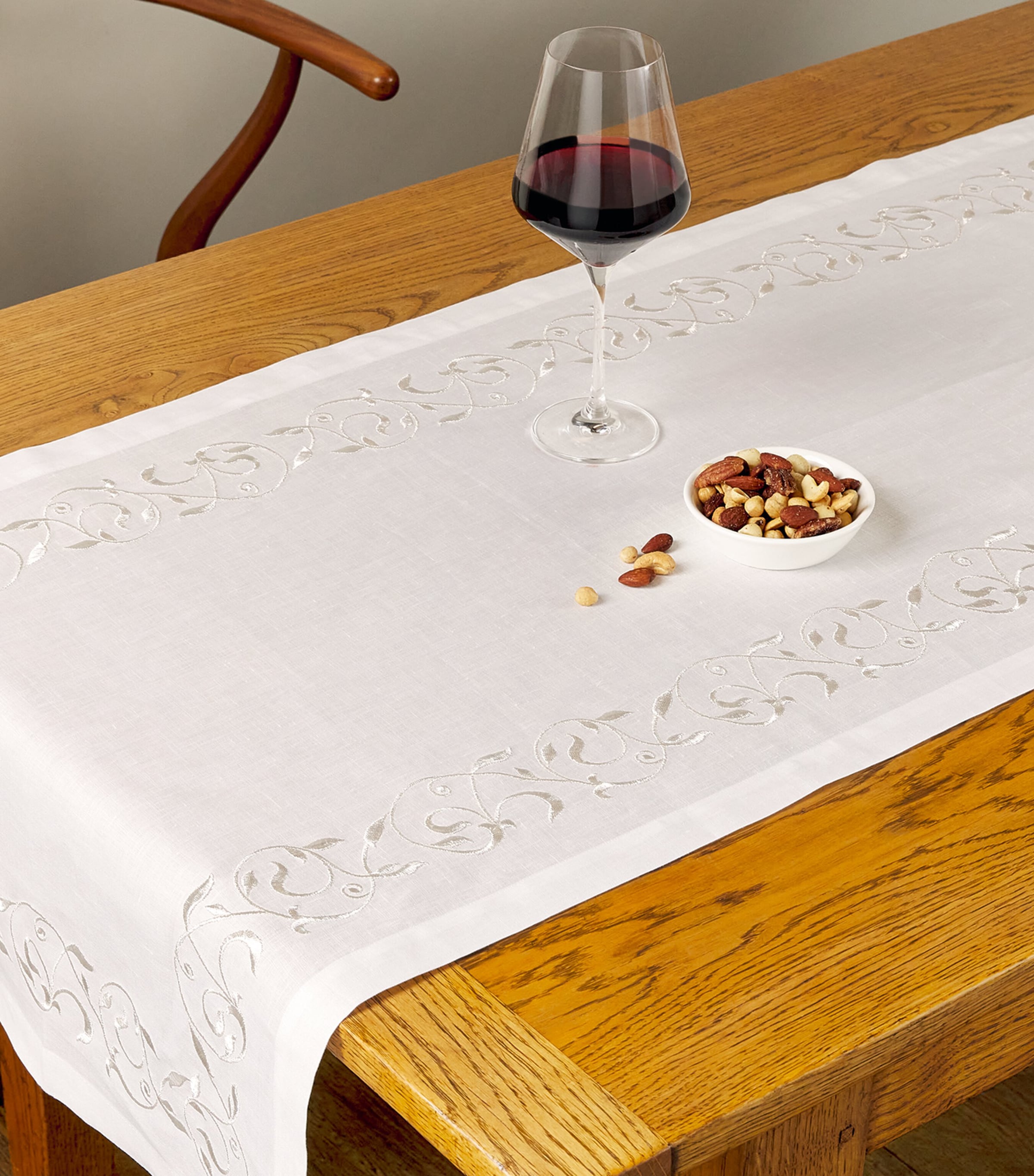 Linen Embroidered Scroll Table Runner (50cm x 210cm) WHITE/SILVER Image 3