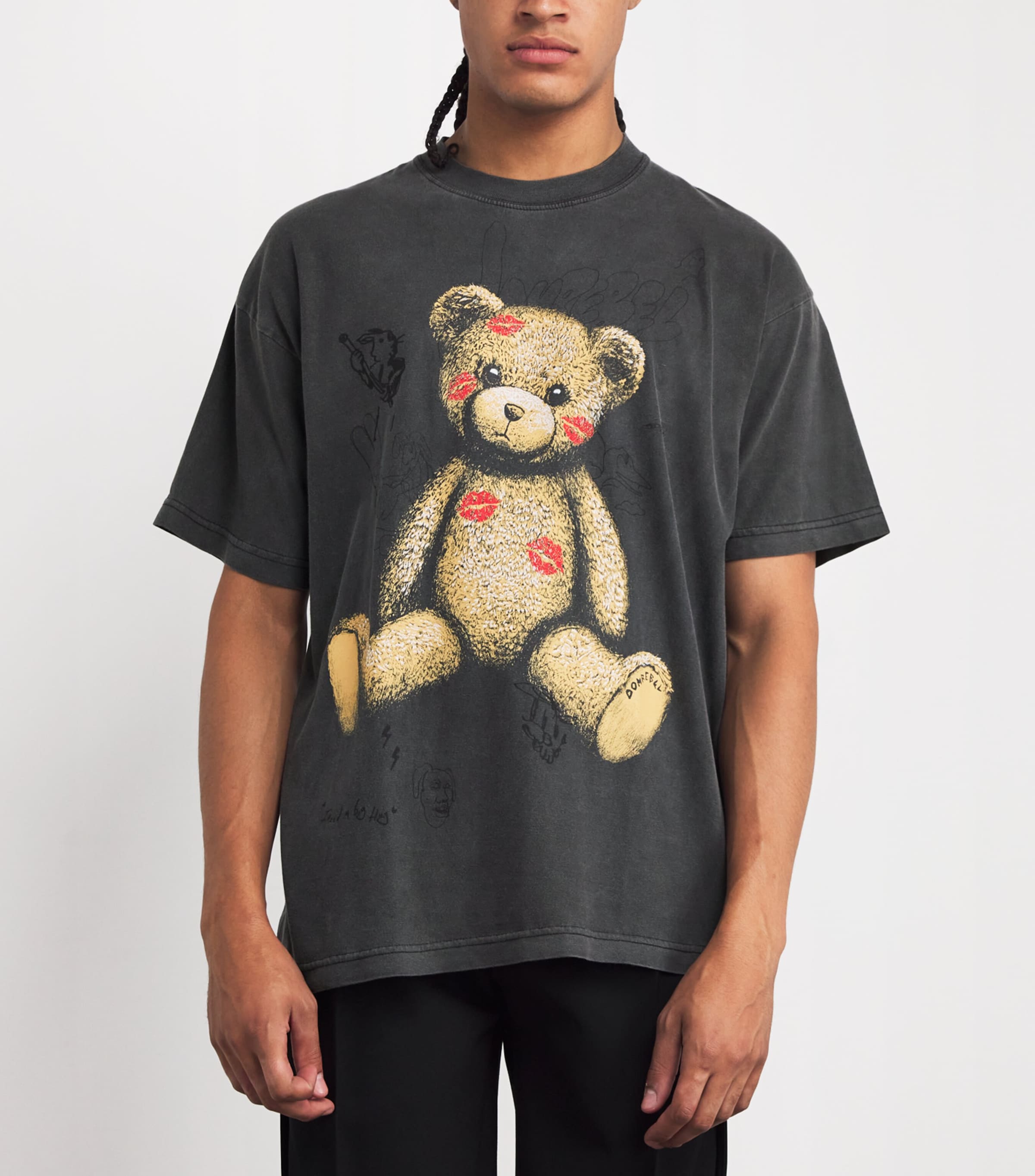 DOMREBEL Mens Cotton Teddy Print Kiss T-Shirt Faded Black Image 3