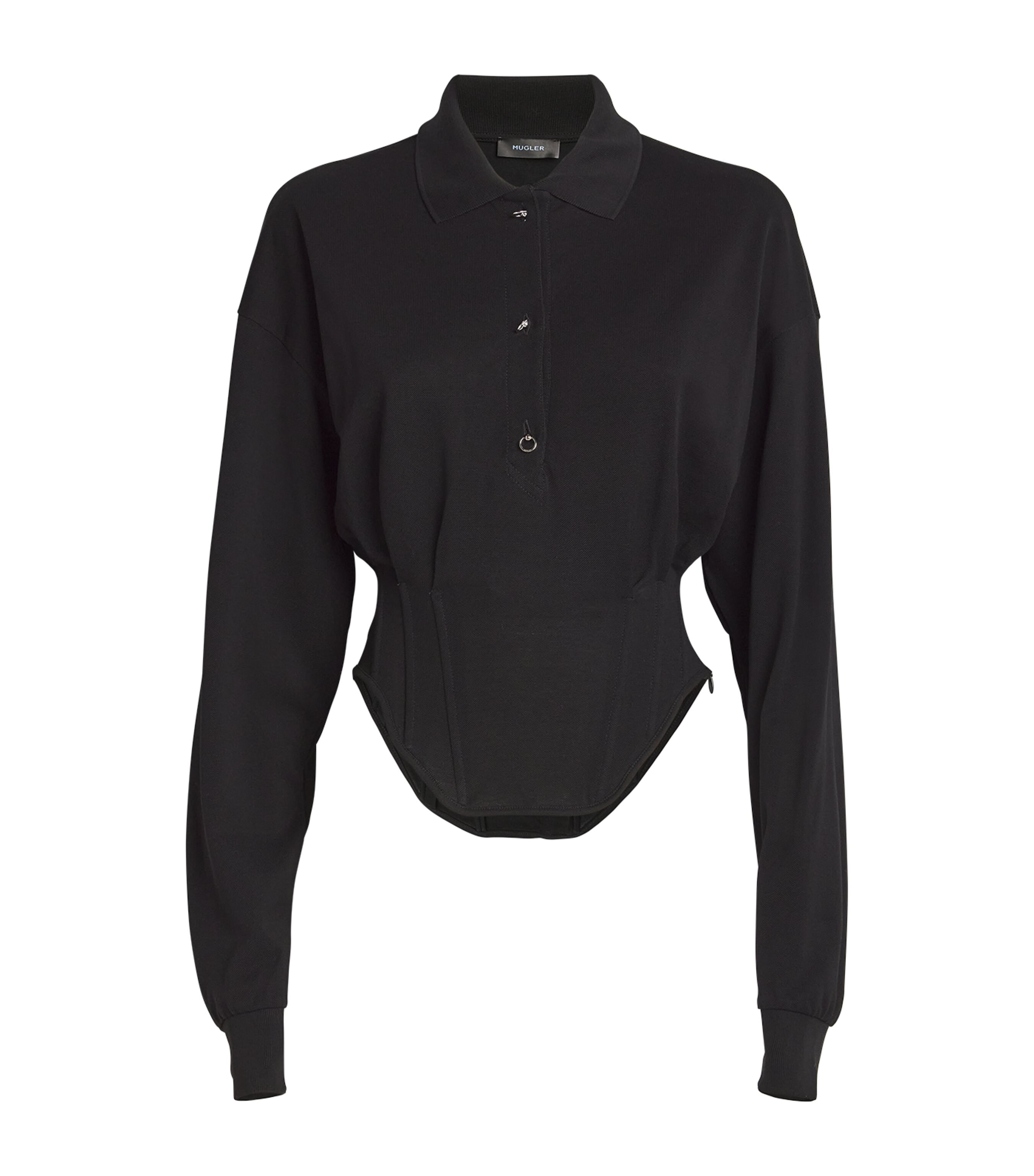 Shop Mugler Long-sleeve Corseted Polo Shirt In Black