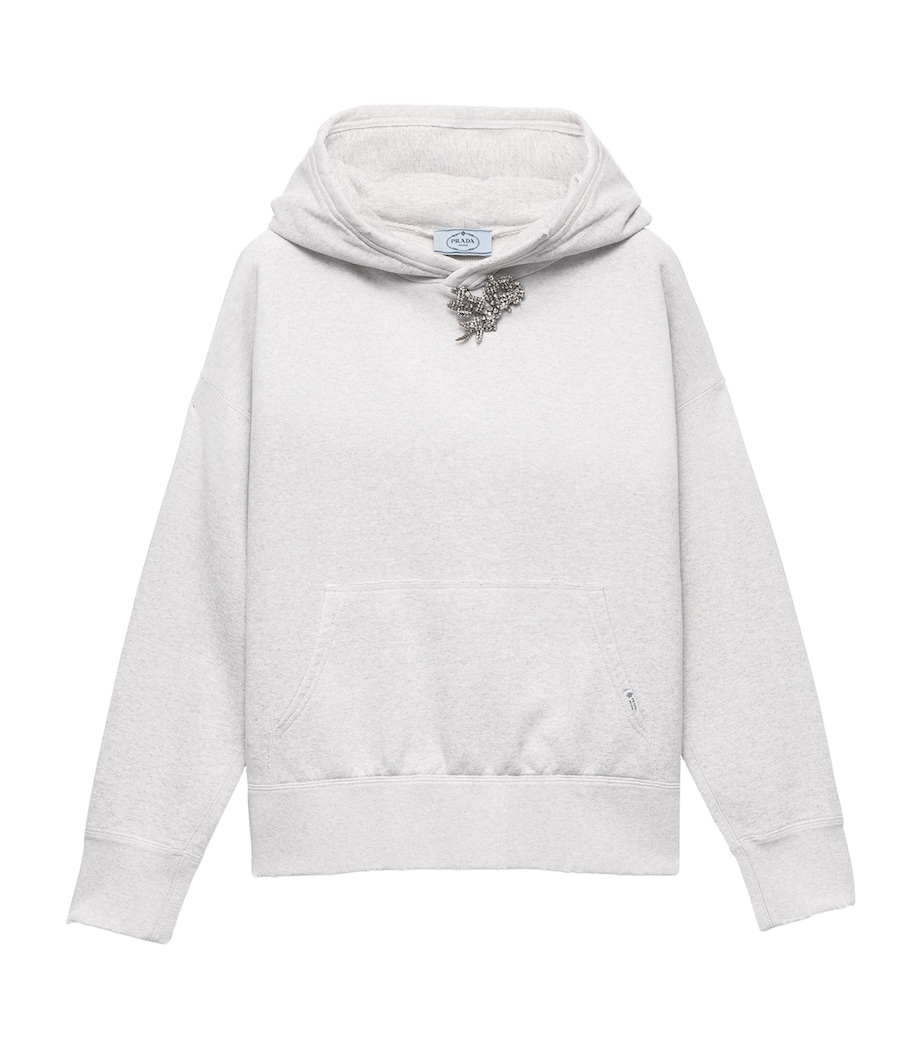 Prada Womens Cotton Fleece Hoodie with Jewelled Brooch Grey Image 1