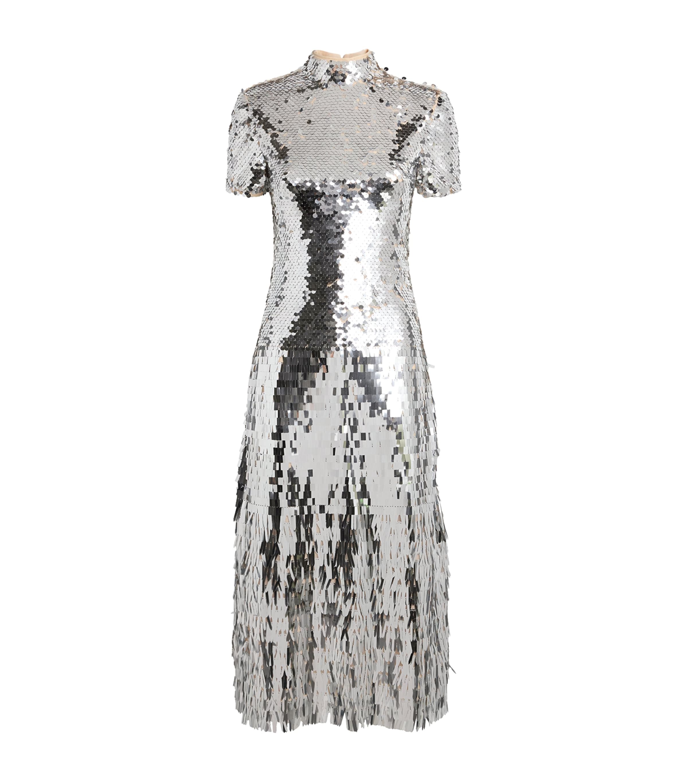 knee length dresses for ladies Self-Portrait // Beige Grid Sequin Tiered Dress – VSP Consignment main image 1