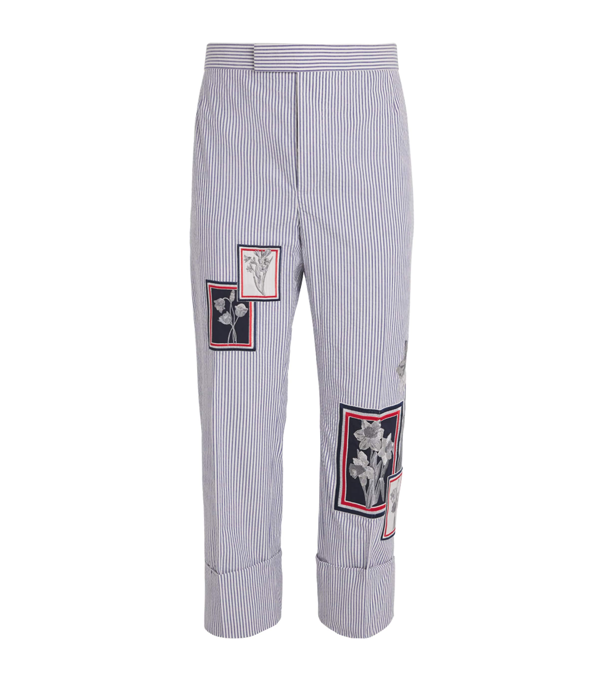 Thom Browne Floral Appliqué Straight Trousers In Navy