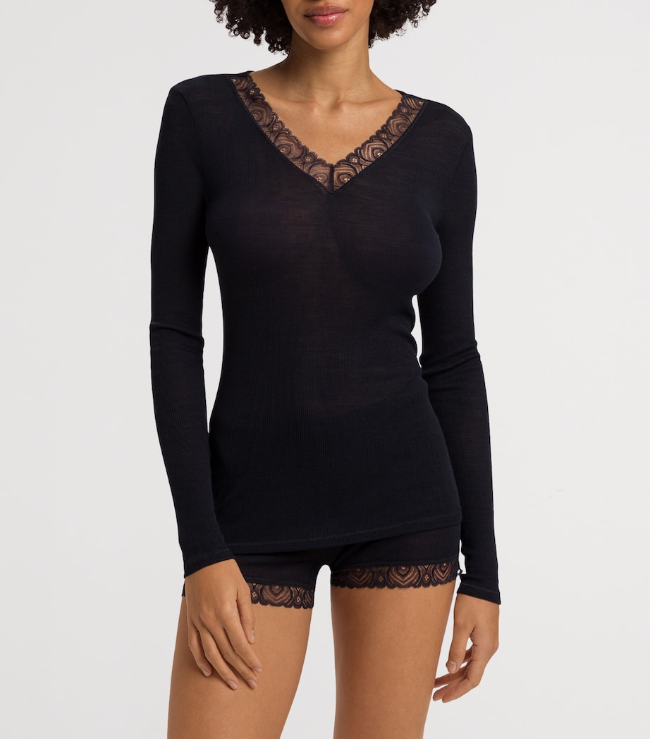 Wool-Silk Woolen Lace T-Shirt BLACK Image 3