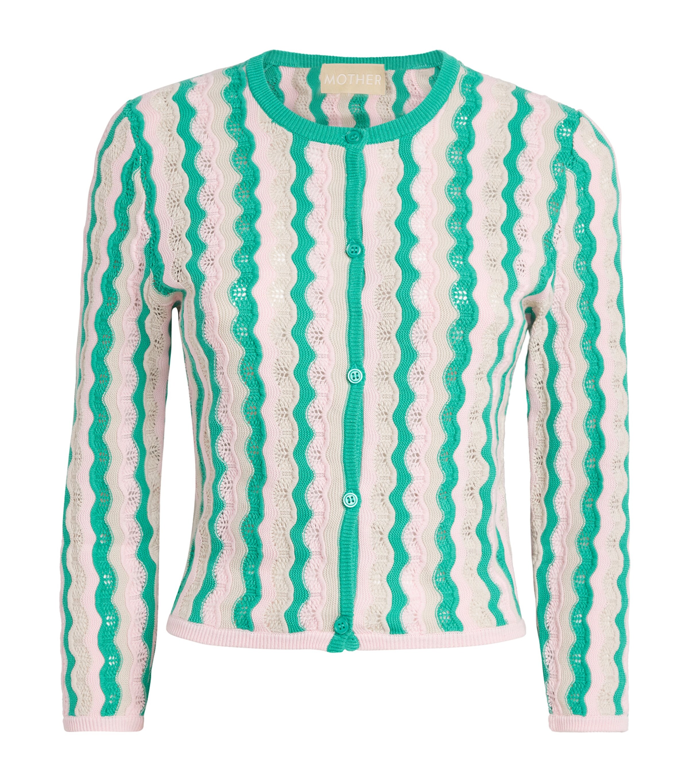 MOTHER Womens Cotton Pointelle Stripe Cardigan Poi Green Pink Combo Image 1
