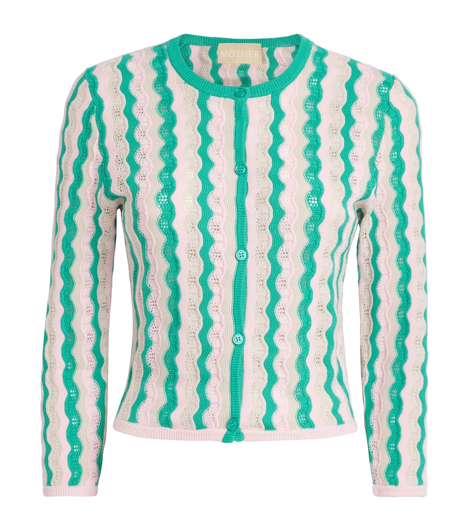 MOTHER Womens Cotton Pointelle Stripe Cardigan Poi Green Pink Combo Image 1