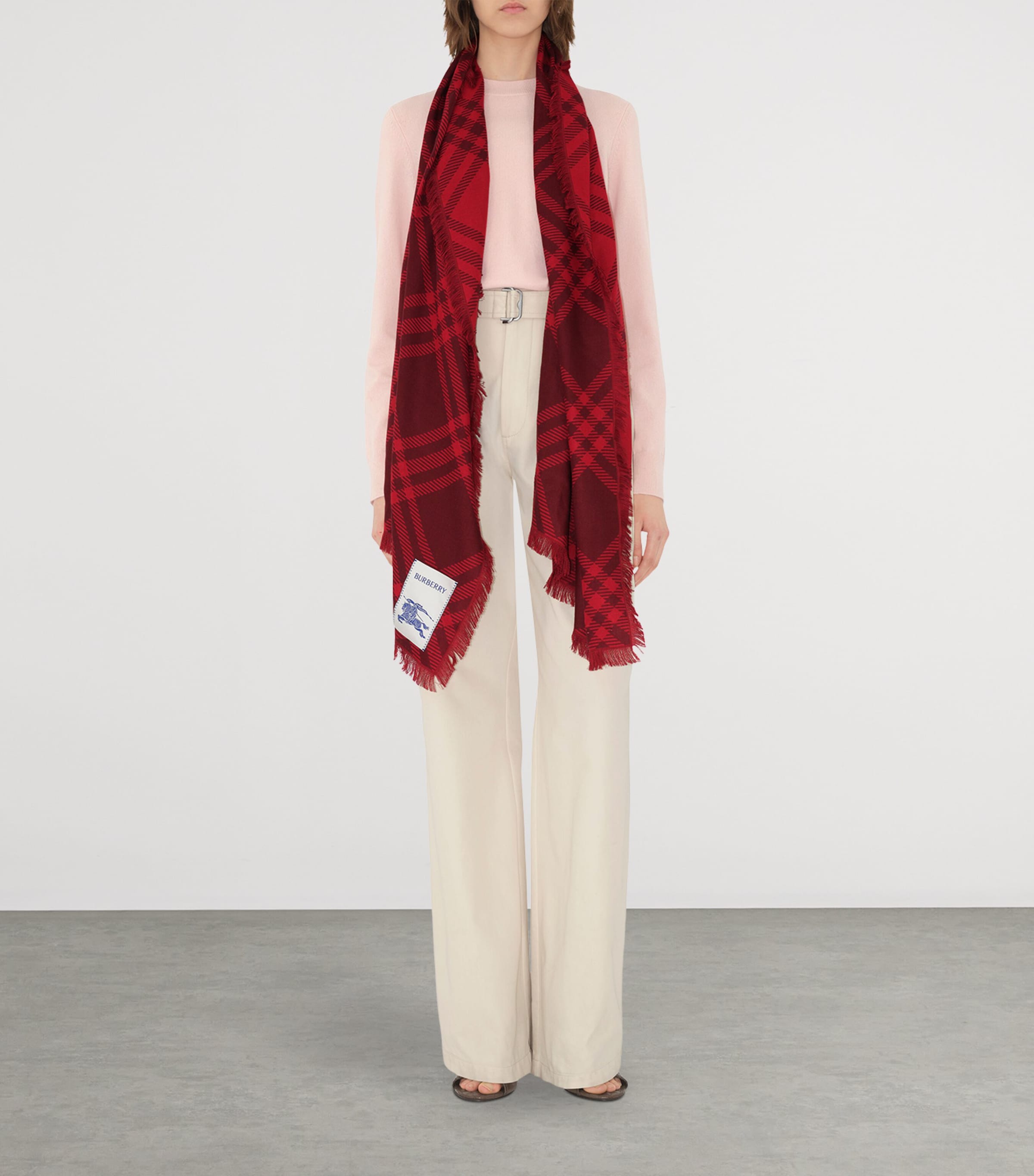 Wool-Silk Wide Check Scarf OXBLOOD/PILLAR RED Image 3