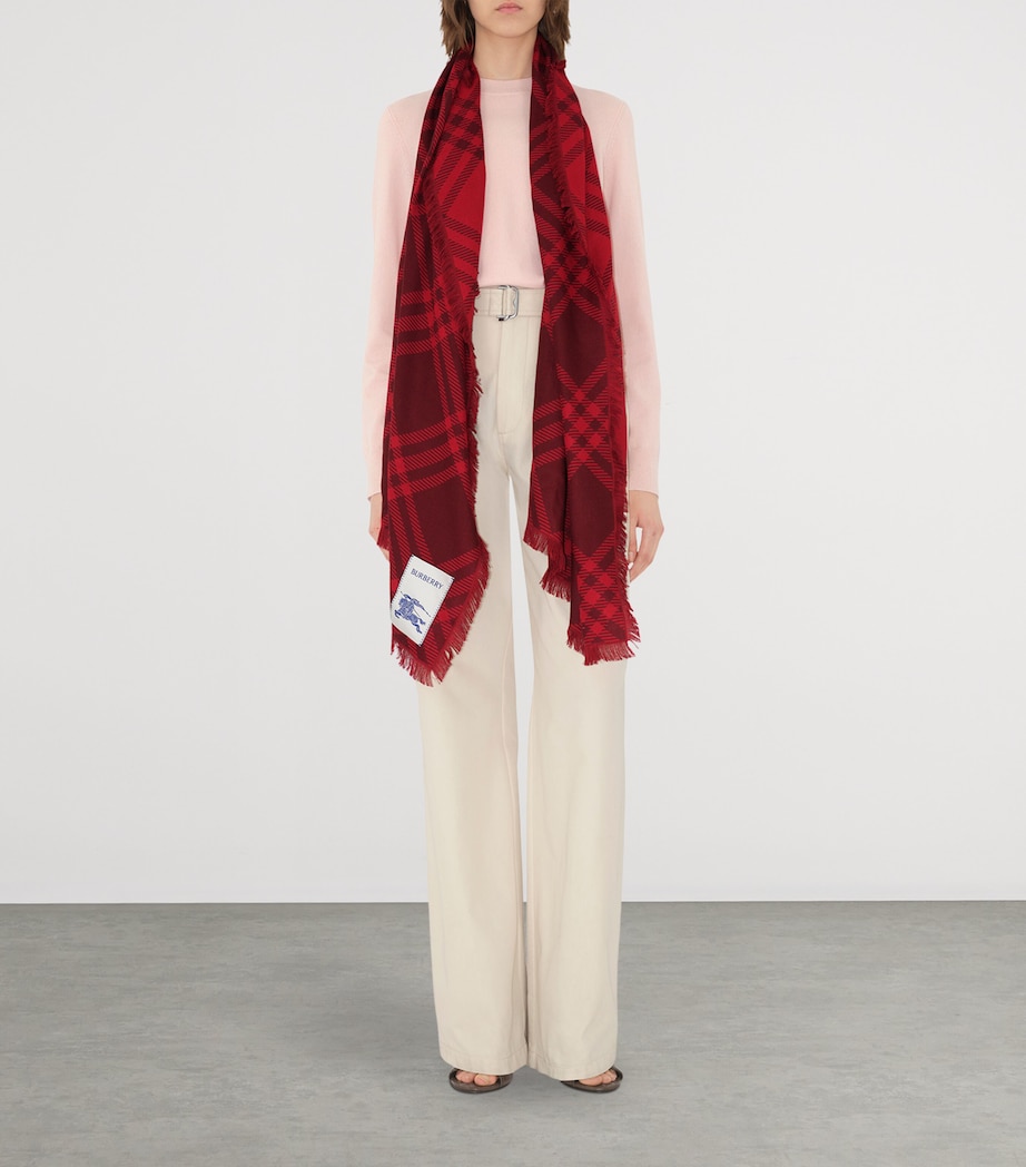 Wool-Silk Wide Check Scarf OXBLOOD/PILLAR RED Image 3