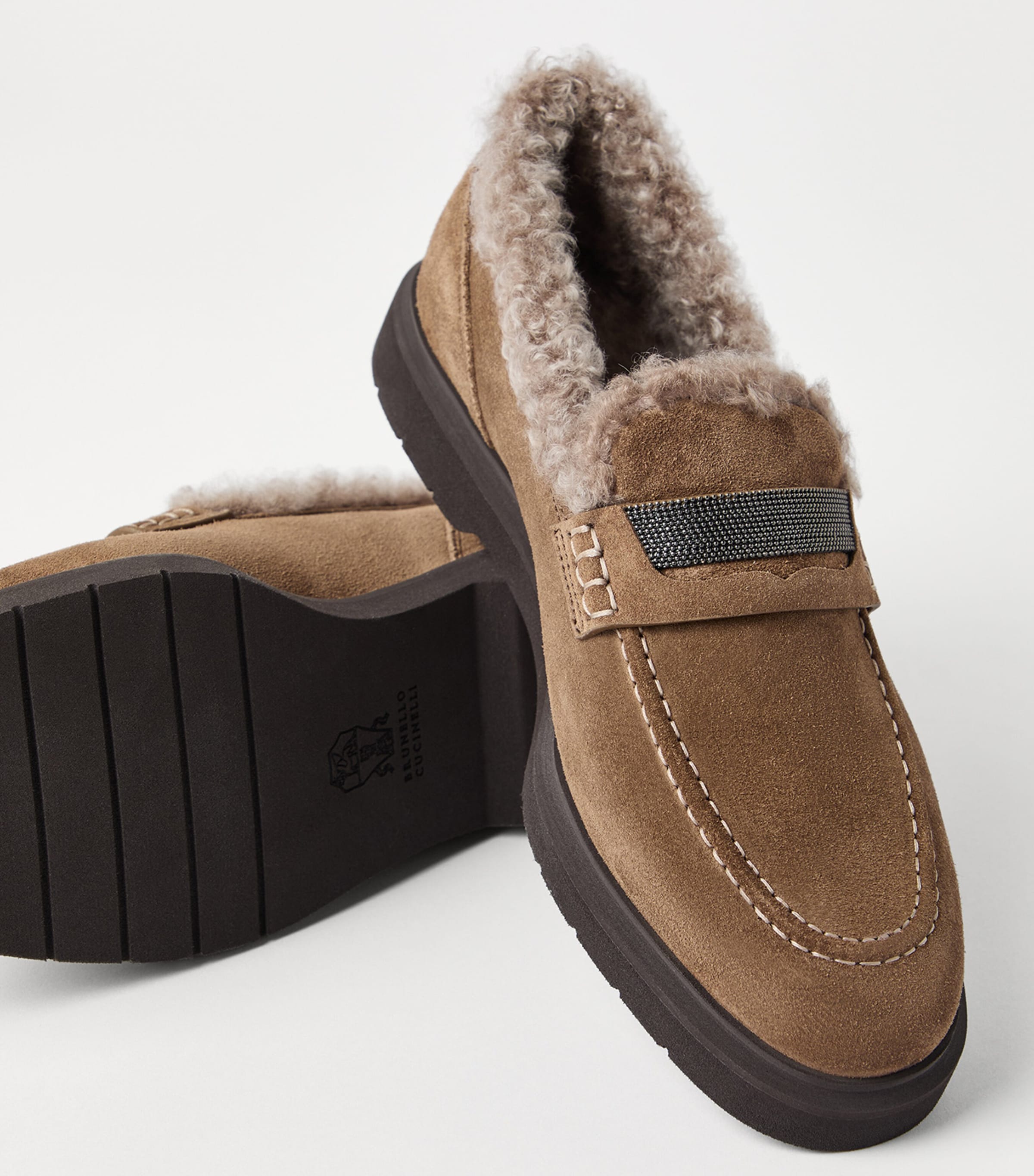 Brunello Cucinelli Brown Suede Shearling-Lined Penny Loafers