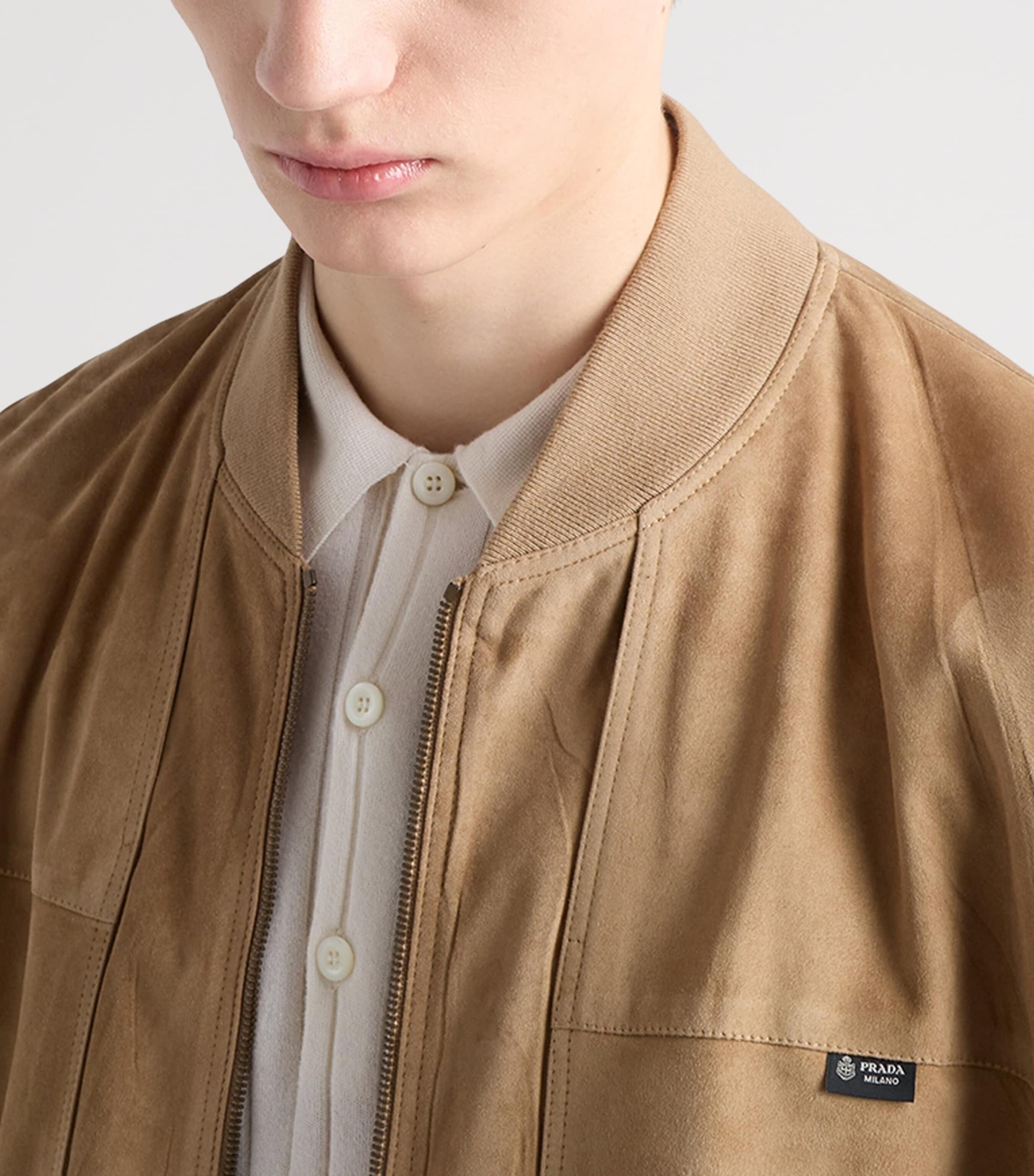 Prada Mens Suede Bomber Jacket Neutral Image 3