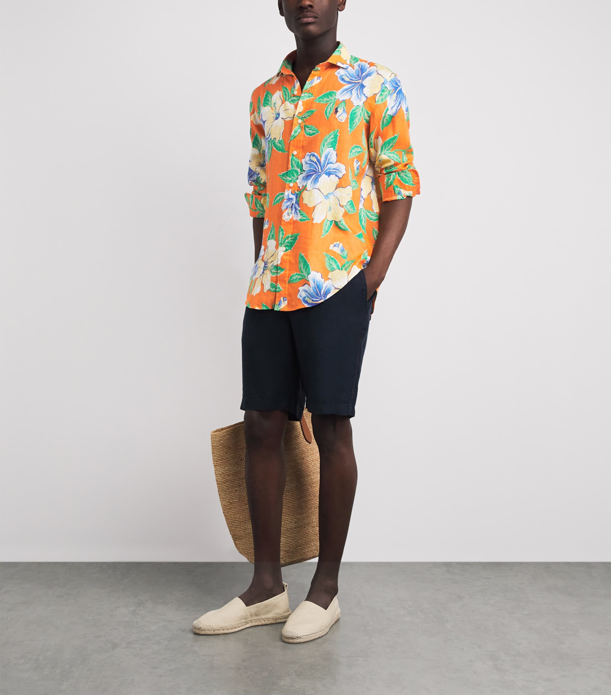 Polo Ralph Lauren Mens Linen Tropical Floral Print Shirt Orange Hibiscs Image 2