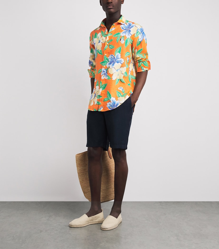Polo Ralph Lauren Mens Linen Tropical Floral Print Shirt Orange Hibiscs Image 2