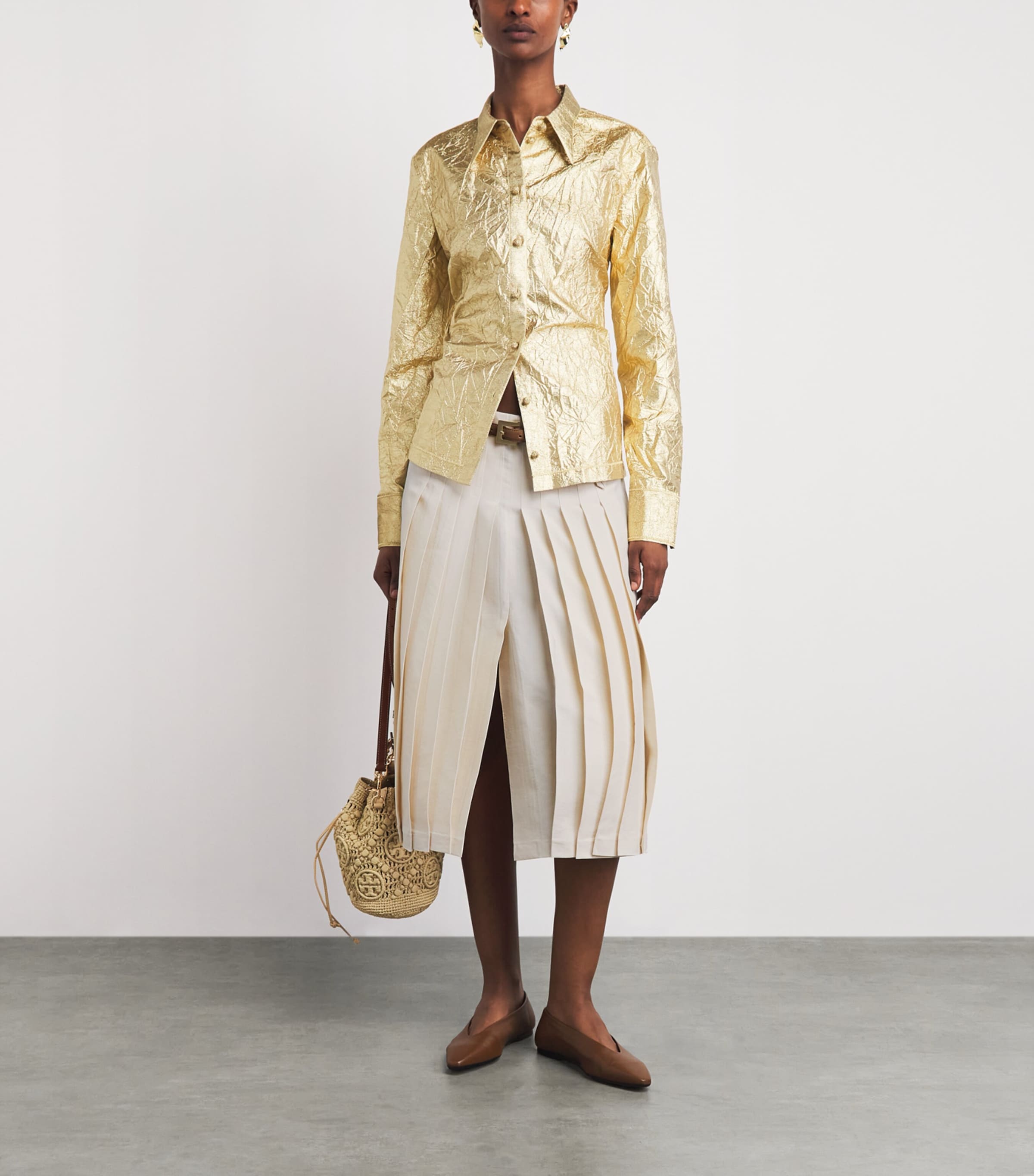 Tory Burch Womens Pleated Midi Skirt Cream Image 2