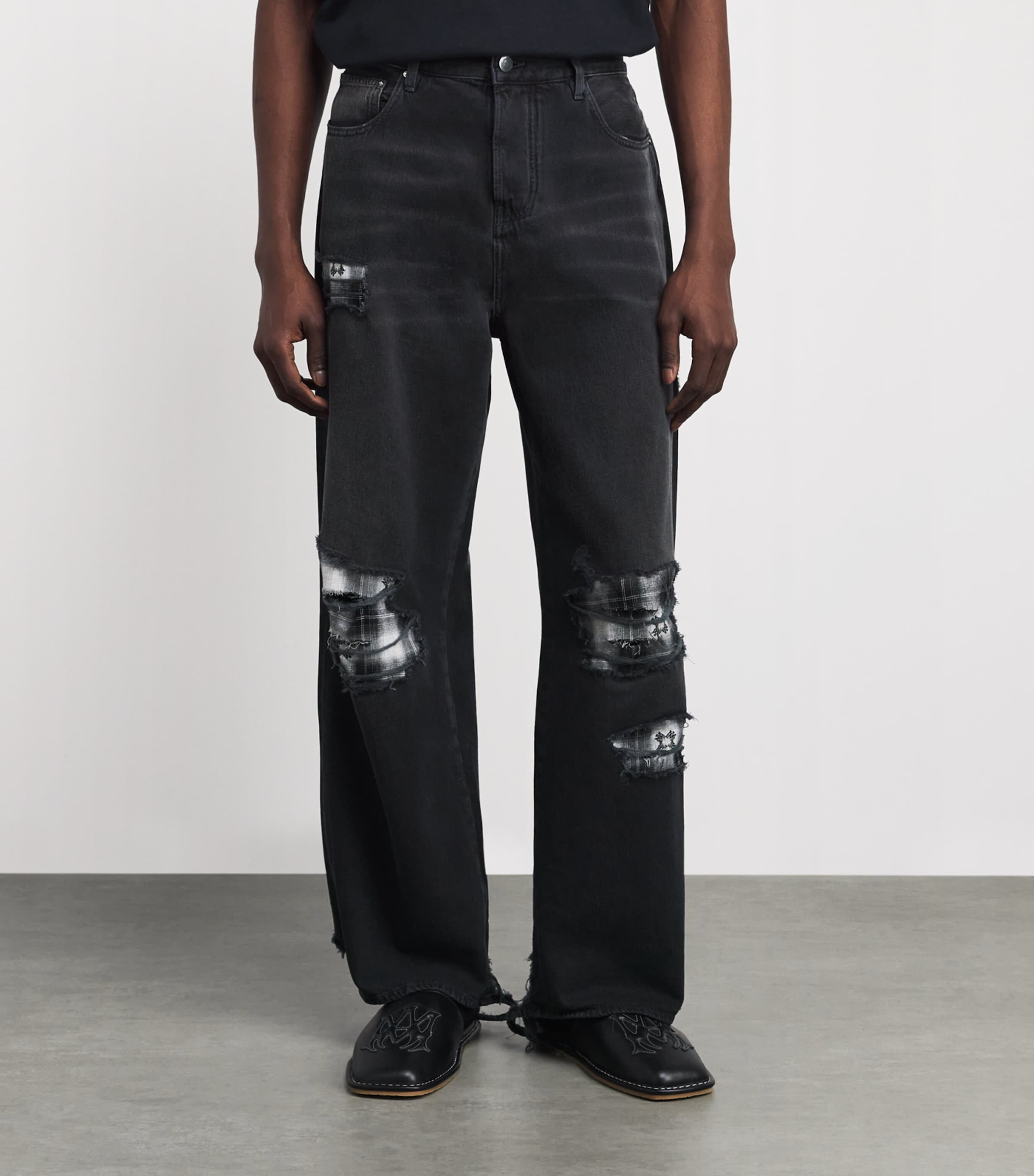 AMIRI Mens Flannel Repair Wide-Leg Jeans Steel Black Image 3